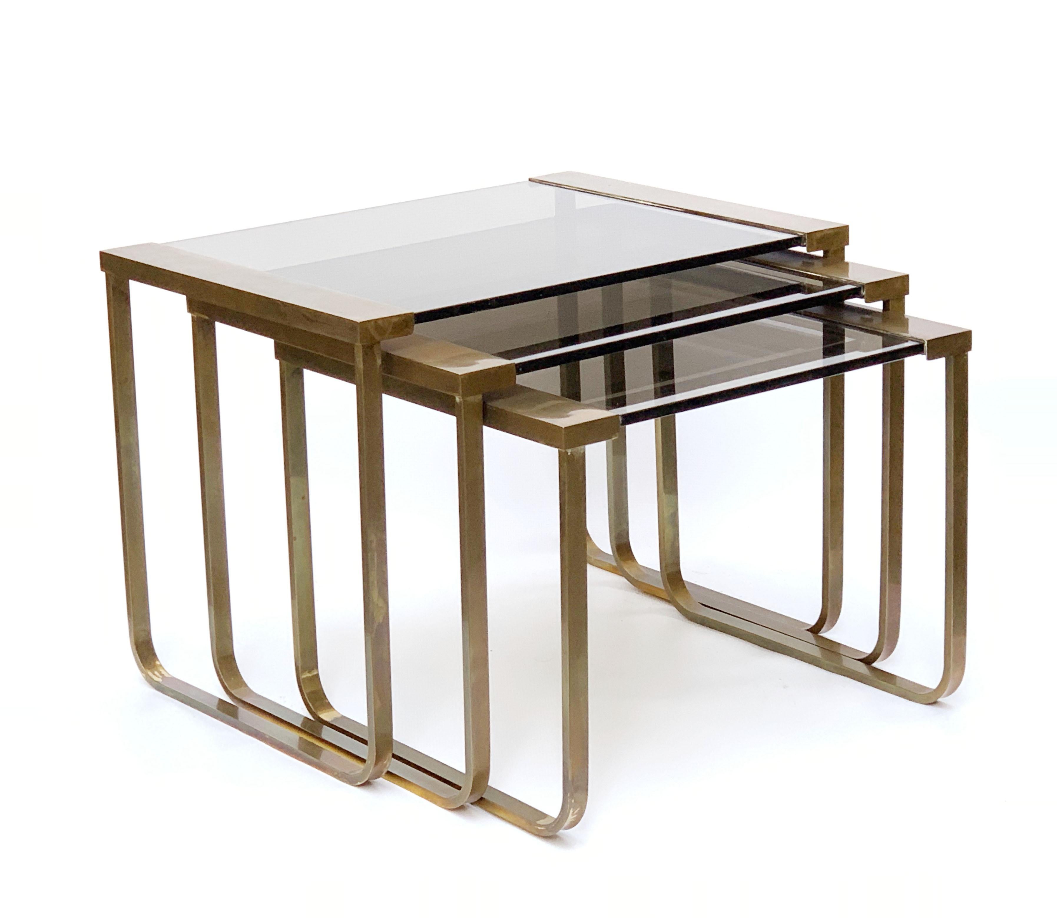 Set of Three Interlocking Tables in Satin Brass and Smoked Glass, France, 1970s 5