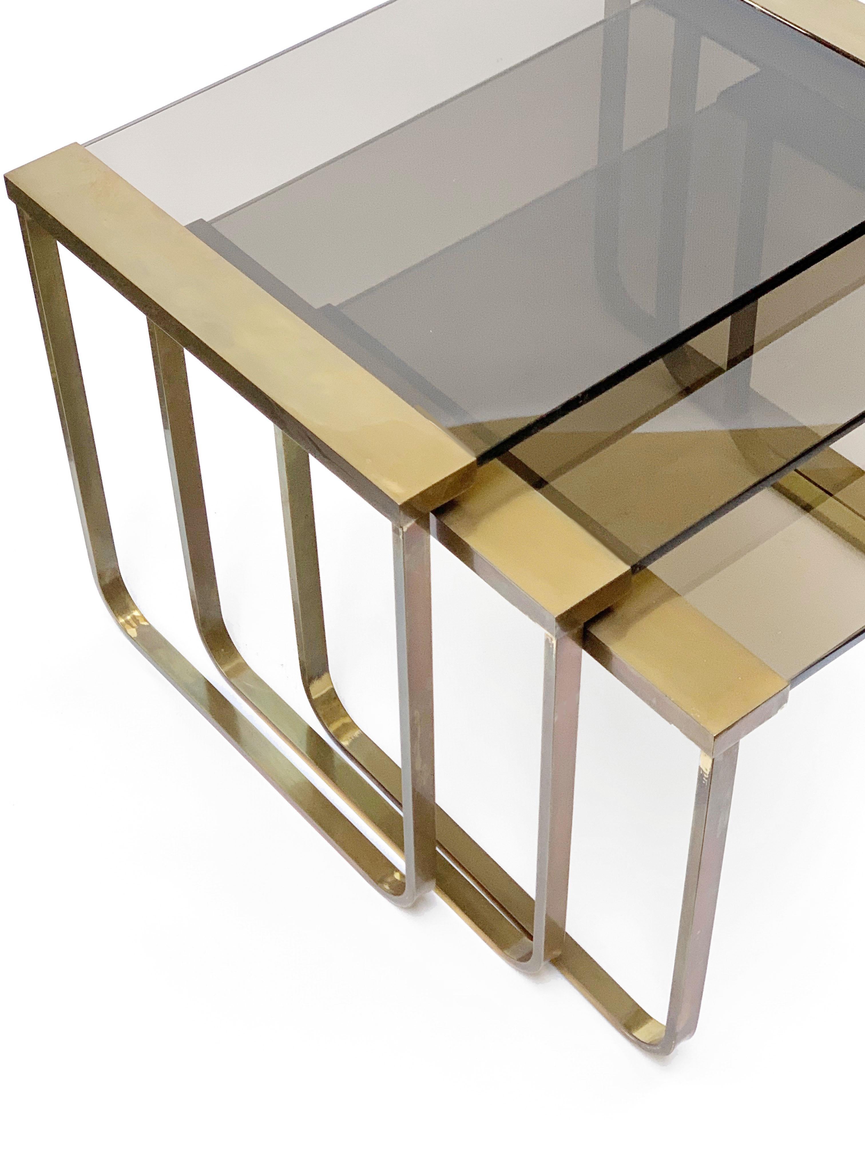 Set of Three Interlocking Tables in Satin Brass and Smoked Glass, France, 1970s 6