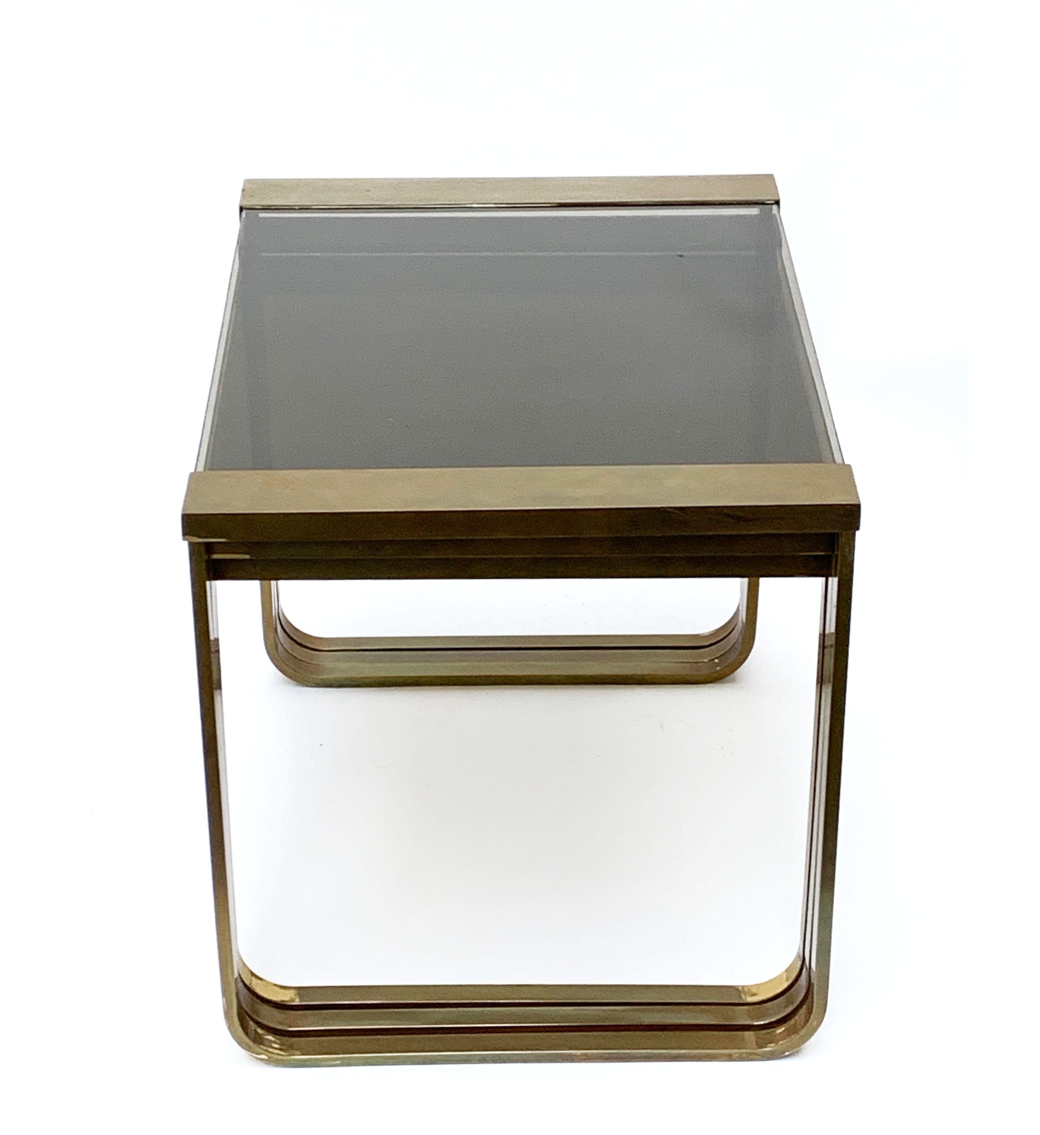 Set of Three Interlocking Tables in Satin Brass and Smoked Glass, France, 1970s 7