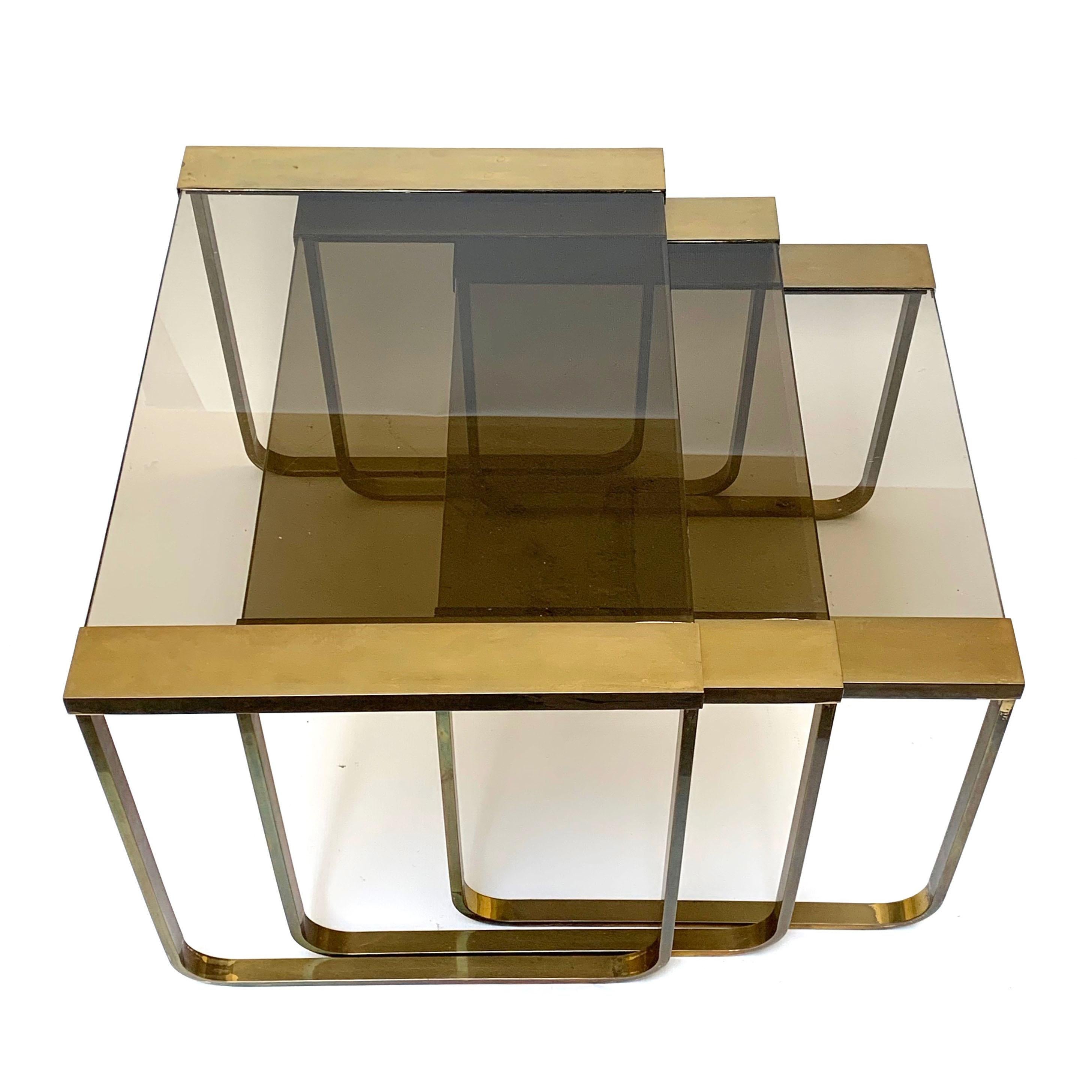 Set of Three Interlocking Tables in Satin Brass and Smoked Glass, France, 1970s 9