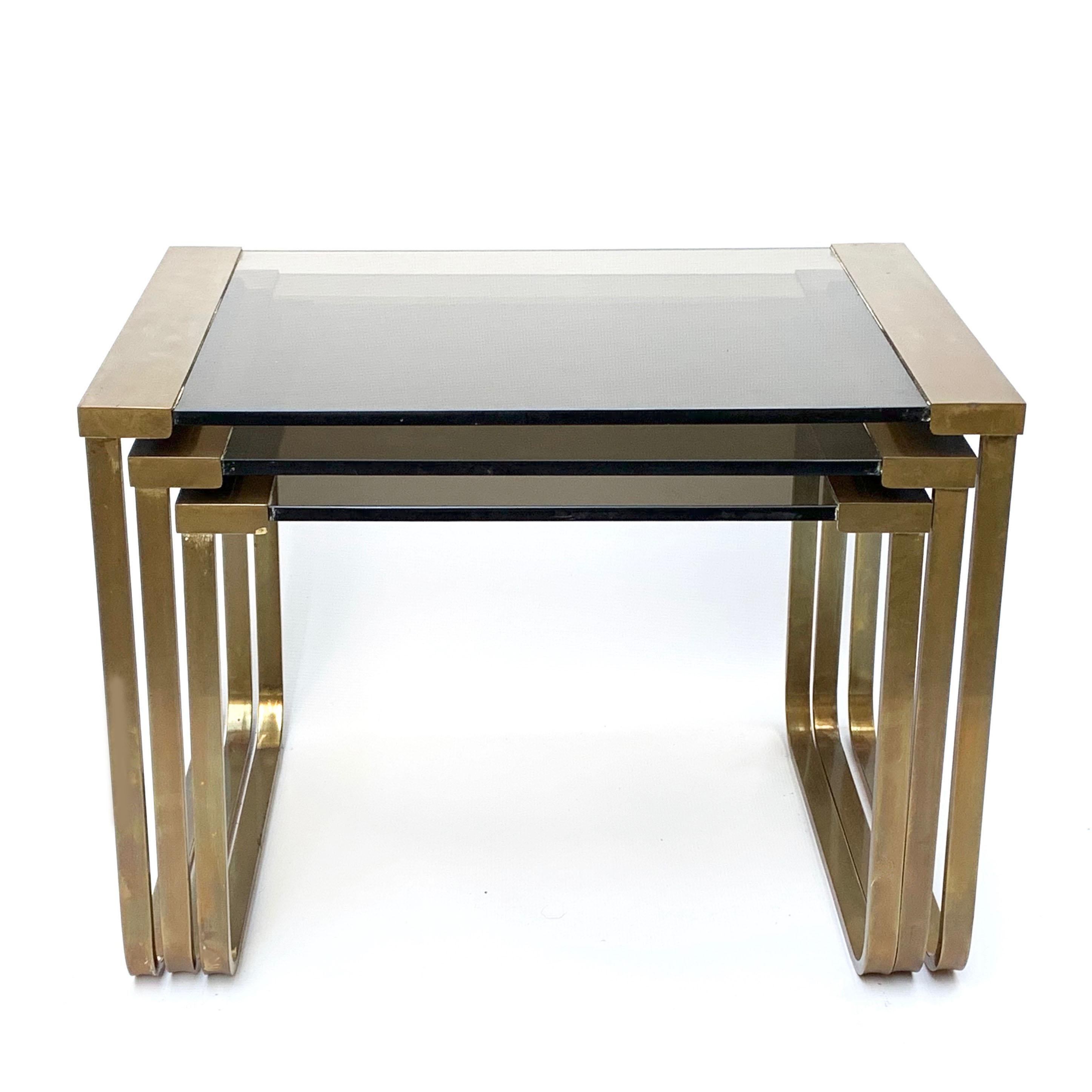 Crystal Set of Three Interlocking Tables in Satin Brass and Smoked Glass, France, 1970s