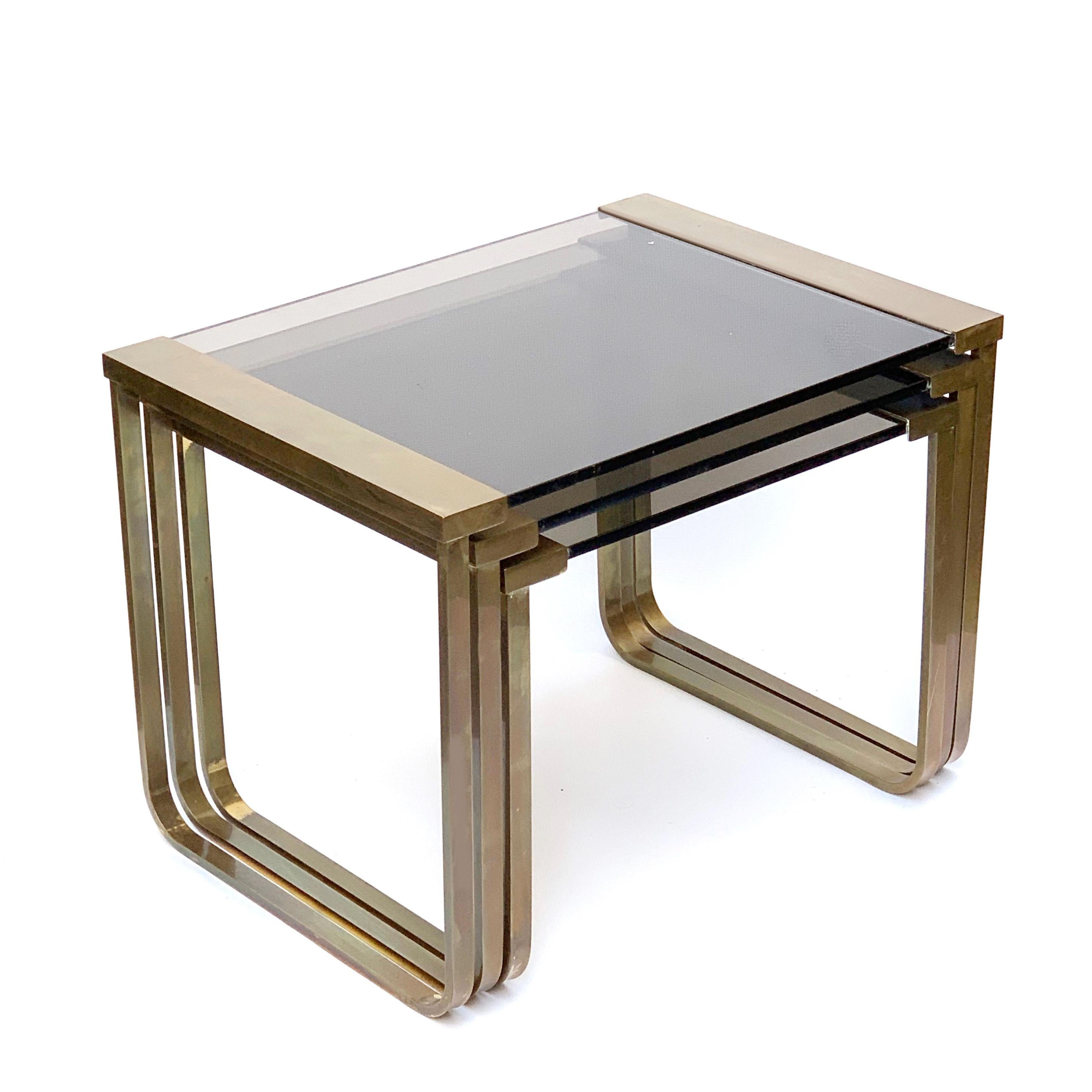 Set of Three Interlocking Tables in Satin Brass and Smoked Glass, France, 1970s 1