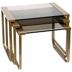 Set of Three Interlocking Tables in Satin Brass and Smoked Glass, France, 1970s