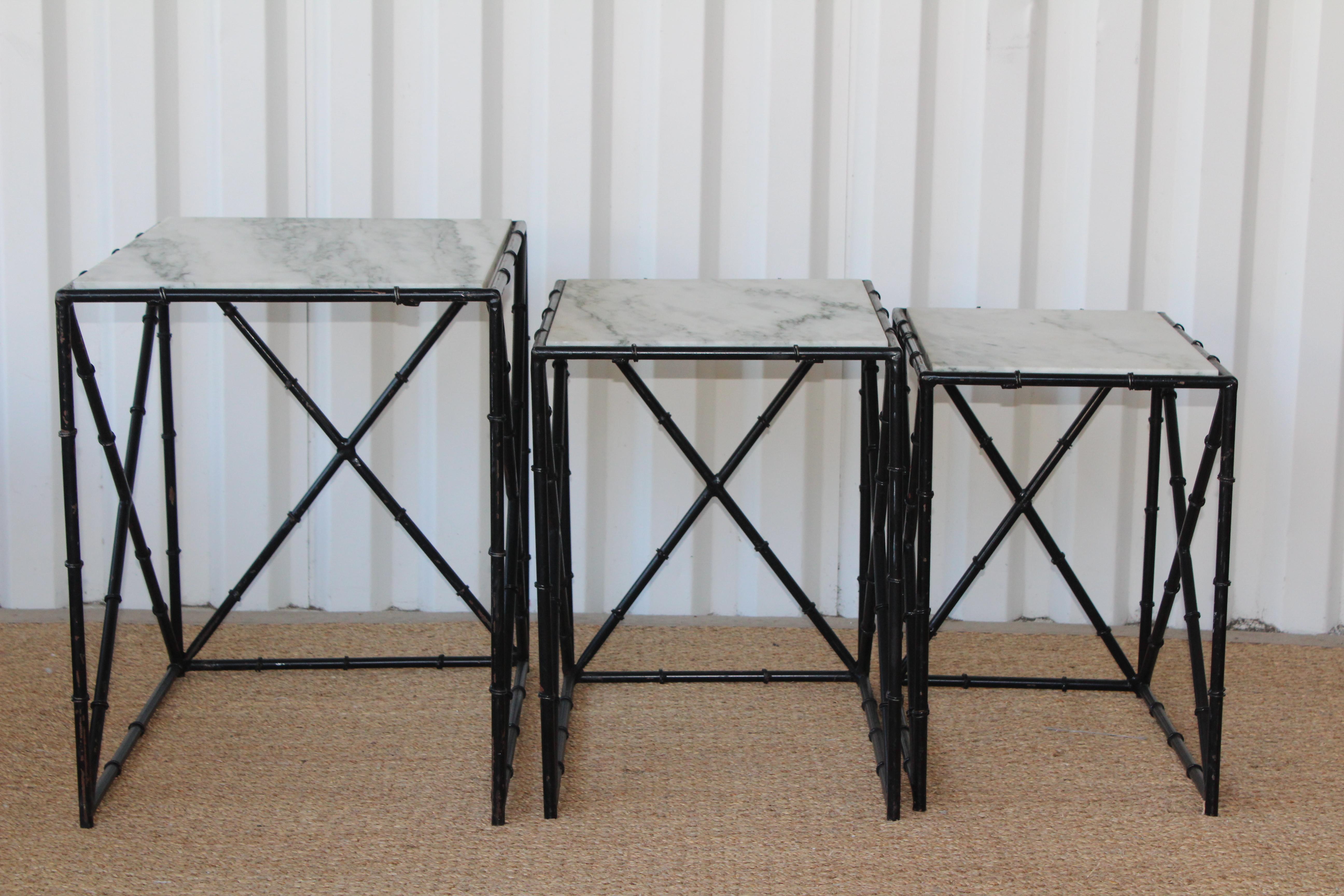 Set of Three Iron and Marble Bamboo Motif Nesting Tables, 1960s 5