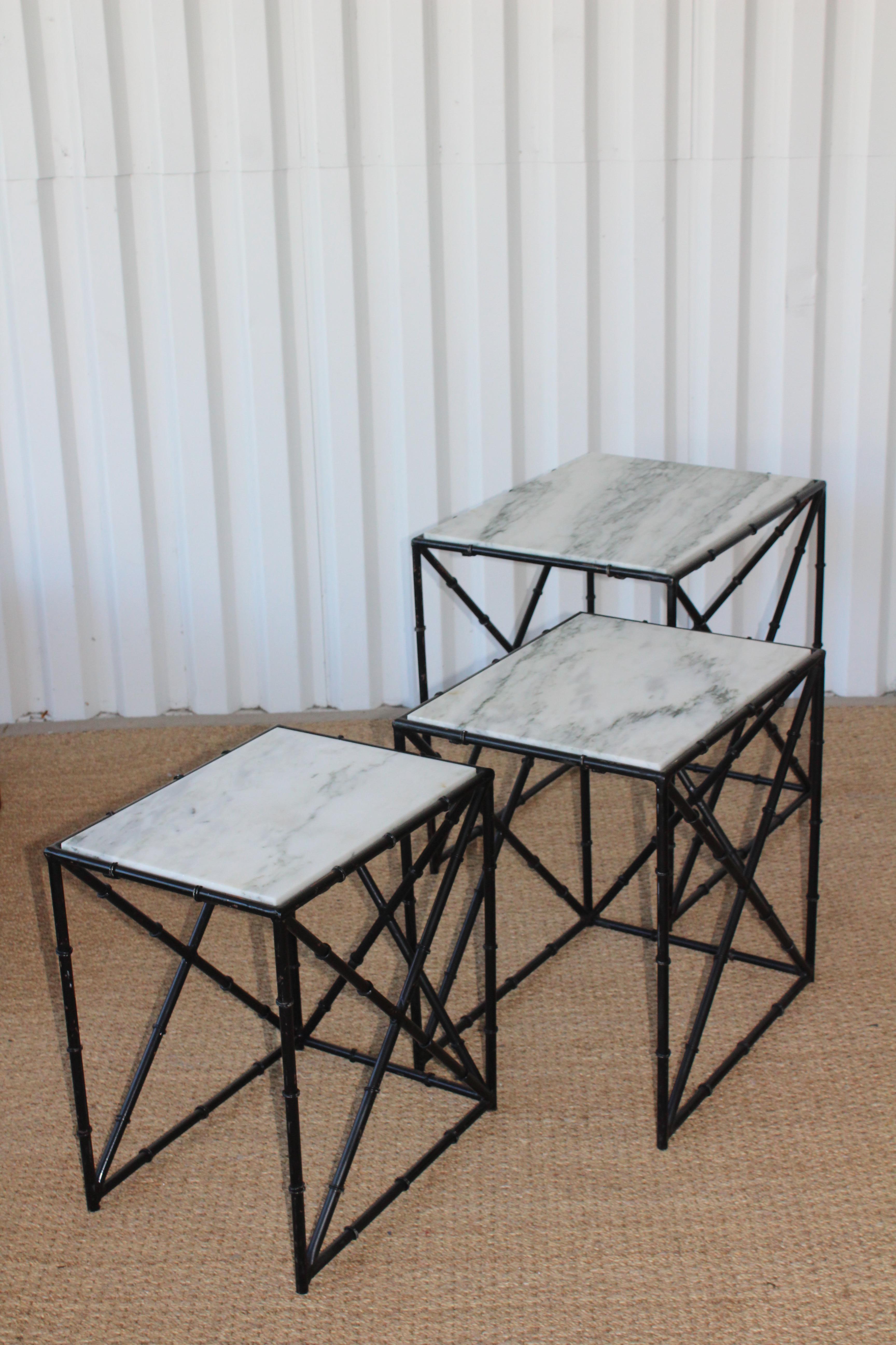 Set of Three Iron and Marble Bamboo Motif Nesting Tables, 1960s 2