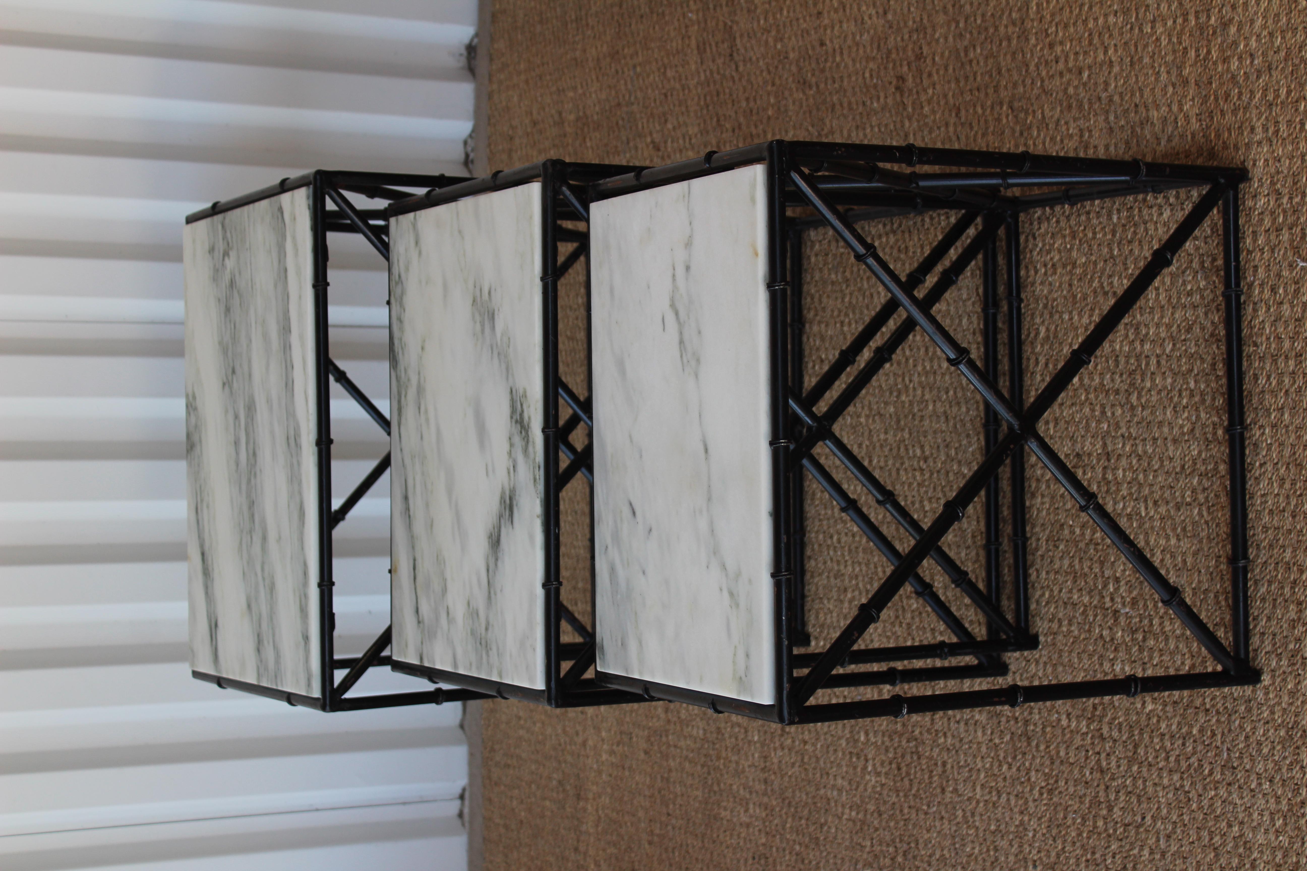 Set of Three Iron and Marble Bamboo Motif Nesting Tables, 1960s 3