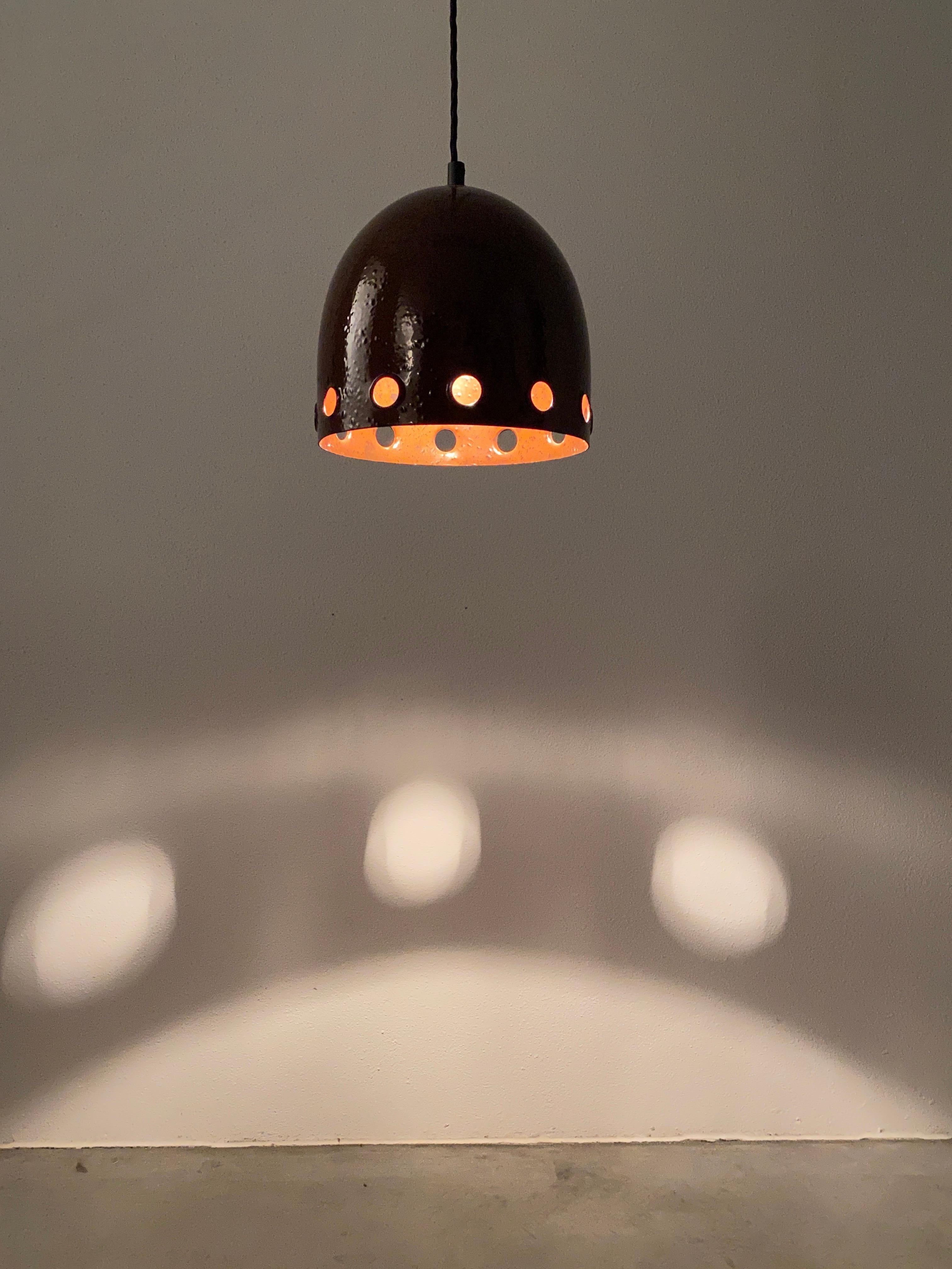 Mid-Century Modern Set of Three Iron Rust Glaze Pendant Lamps, Germany Midcentury For Sale