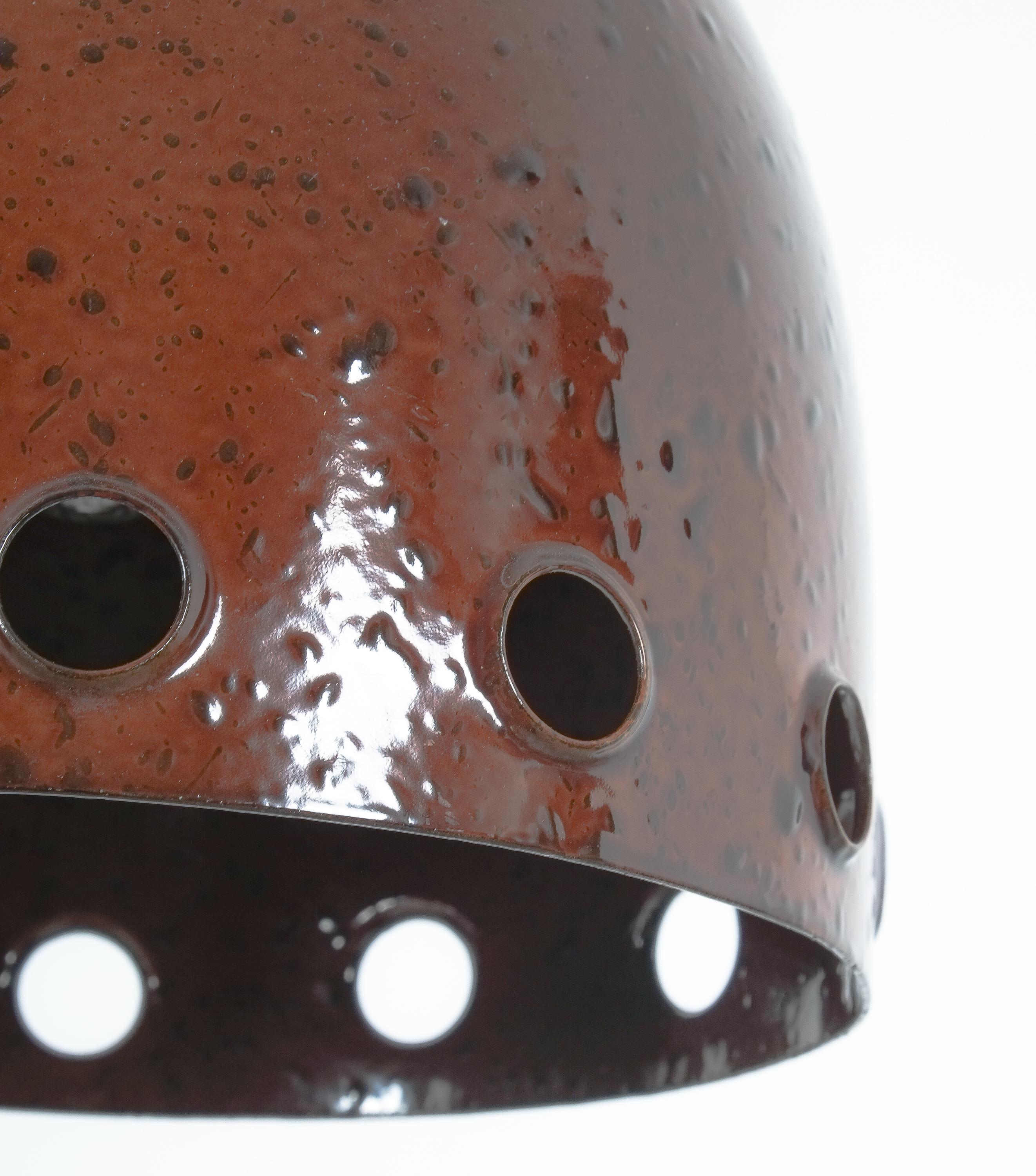 Enameled Set of Three Iron Rust Glaze Pendant Lamps, Germany Midcentury For Sale
