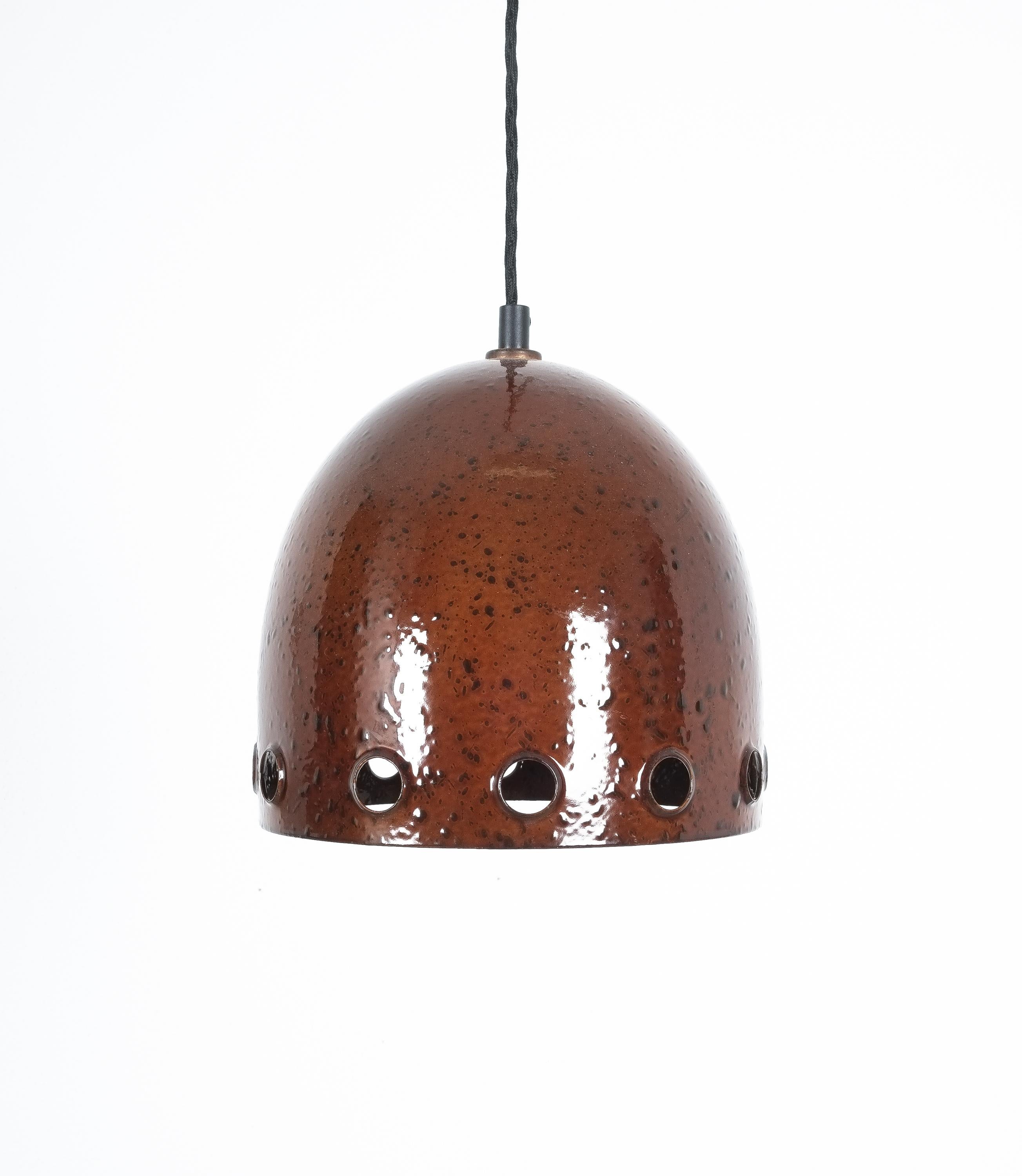 Set of Three Iron Rust Glaze Pendant Lamps, Germany Midcentury In Good Condition For Sale In Vienna, AT