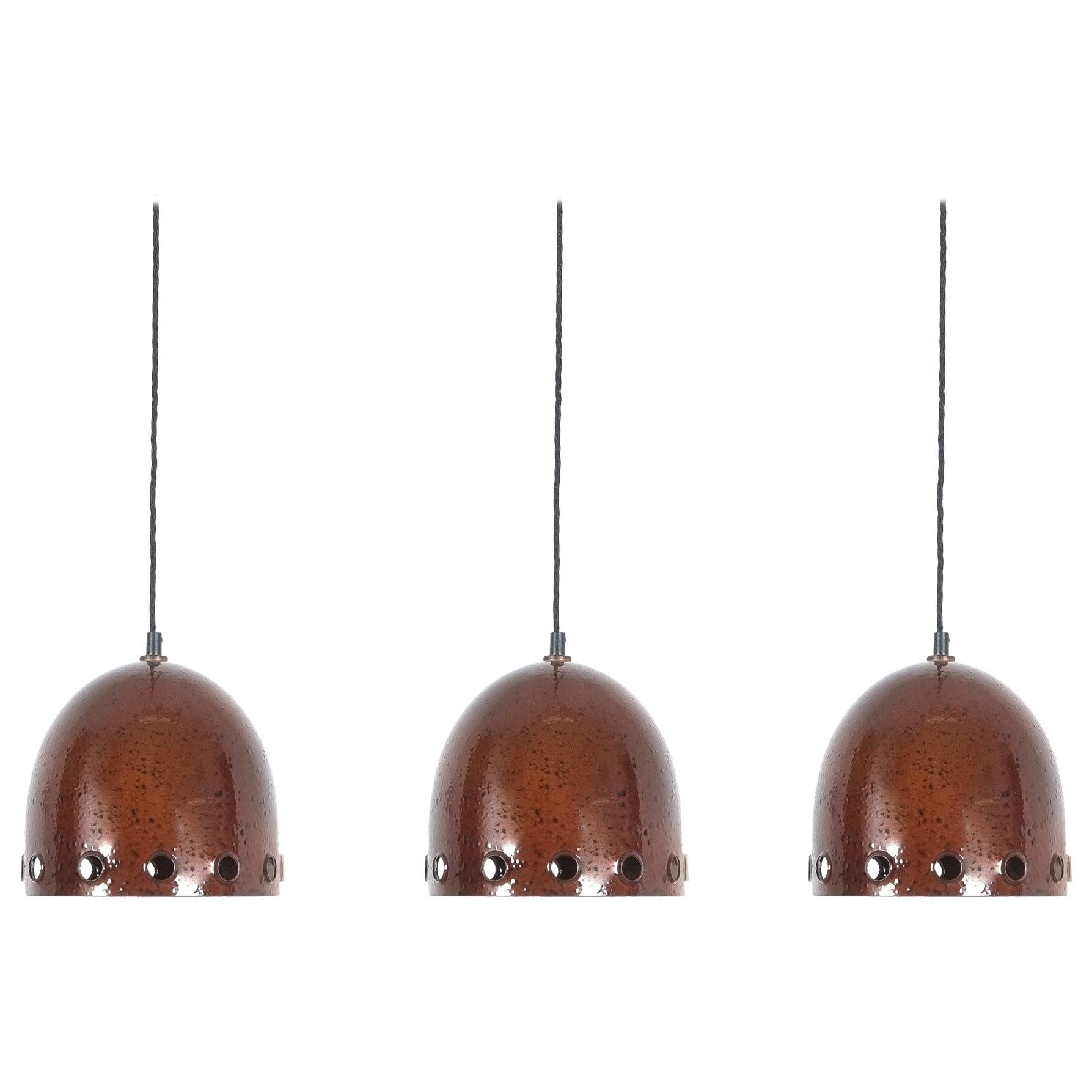 Set of Three Iron Rust Glaze Pendant Lamps, Germany Midcentury