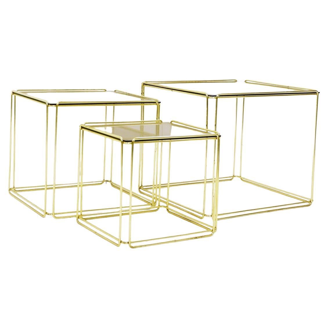 Set of three ‘Isoce`le’ gold nesting tables by Max Sauze in for Atrow. 1970s.