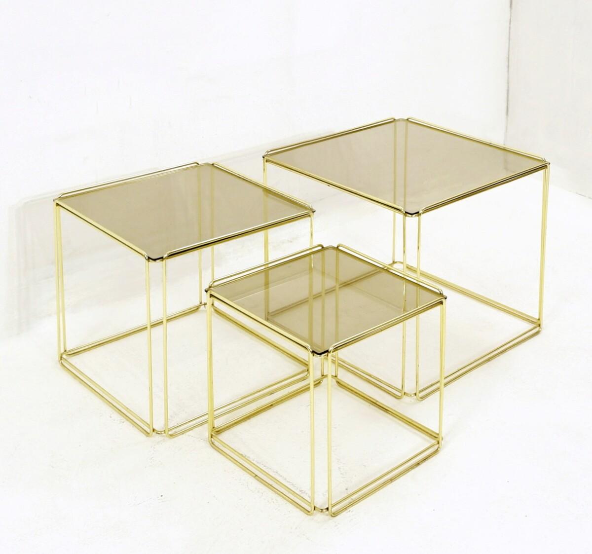 Late 20th Century Set of Three ‘Isocèle’ Gold Nesting Tables by Max Sauze in for Atrow, 1970s