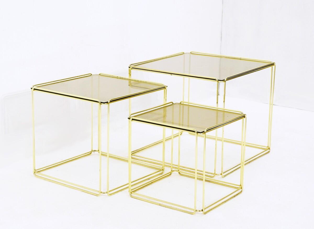 Metal Set of Three ‘Isocèle’ Gold Nesting Tables by Max Sauze in for Atrow, 1970s