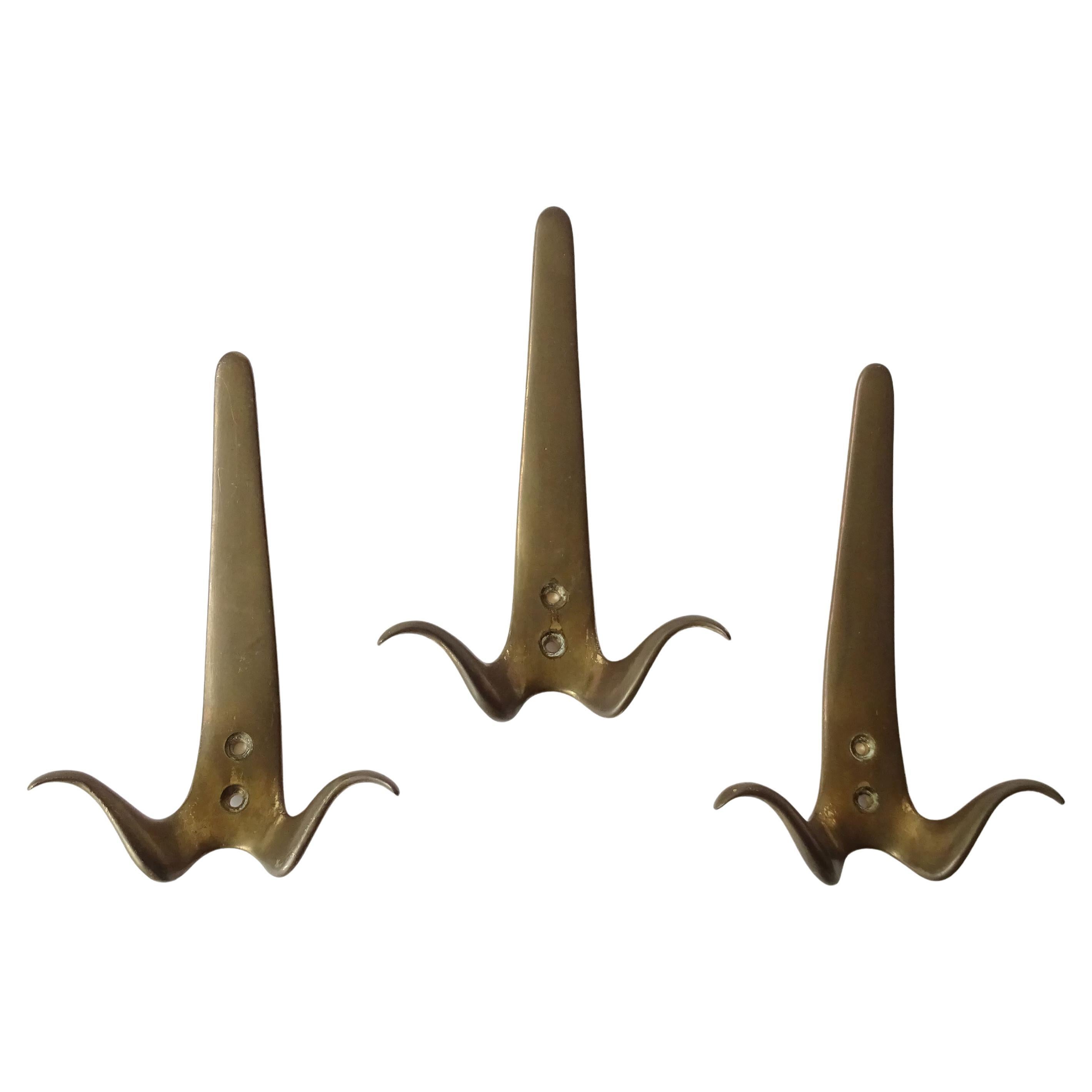 Set of Three Italian 1950s Brass Wall Coat Hangers