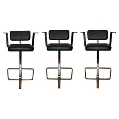 Set of Three Italian 1980s Modern Contemporary Swivel Chrome Leather Bar Stools