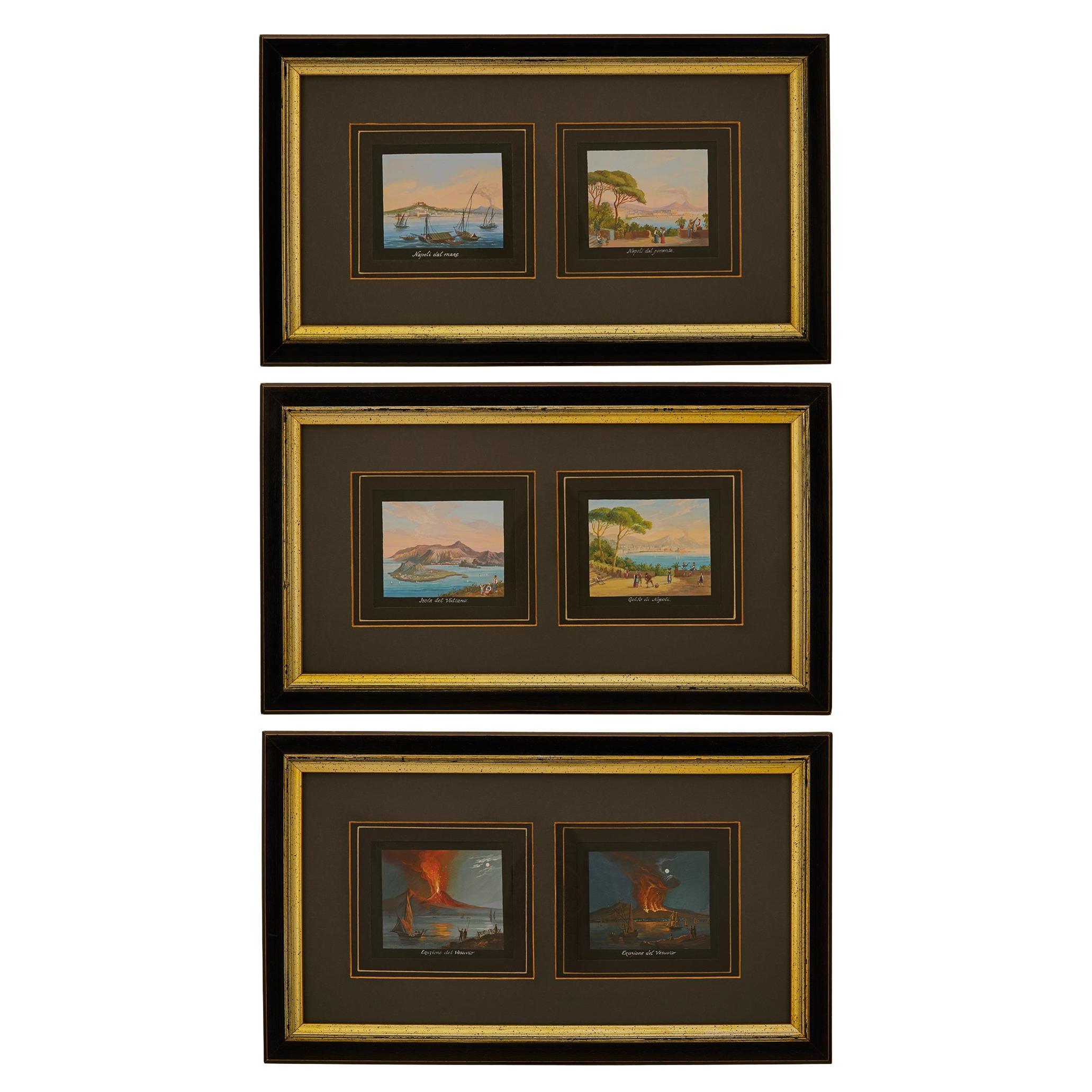 set of three Italian 20th century Gouache paintings of Naples, by Ramponi Renato