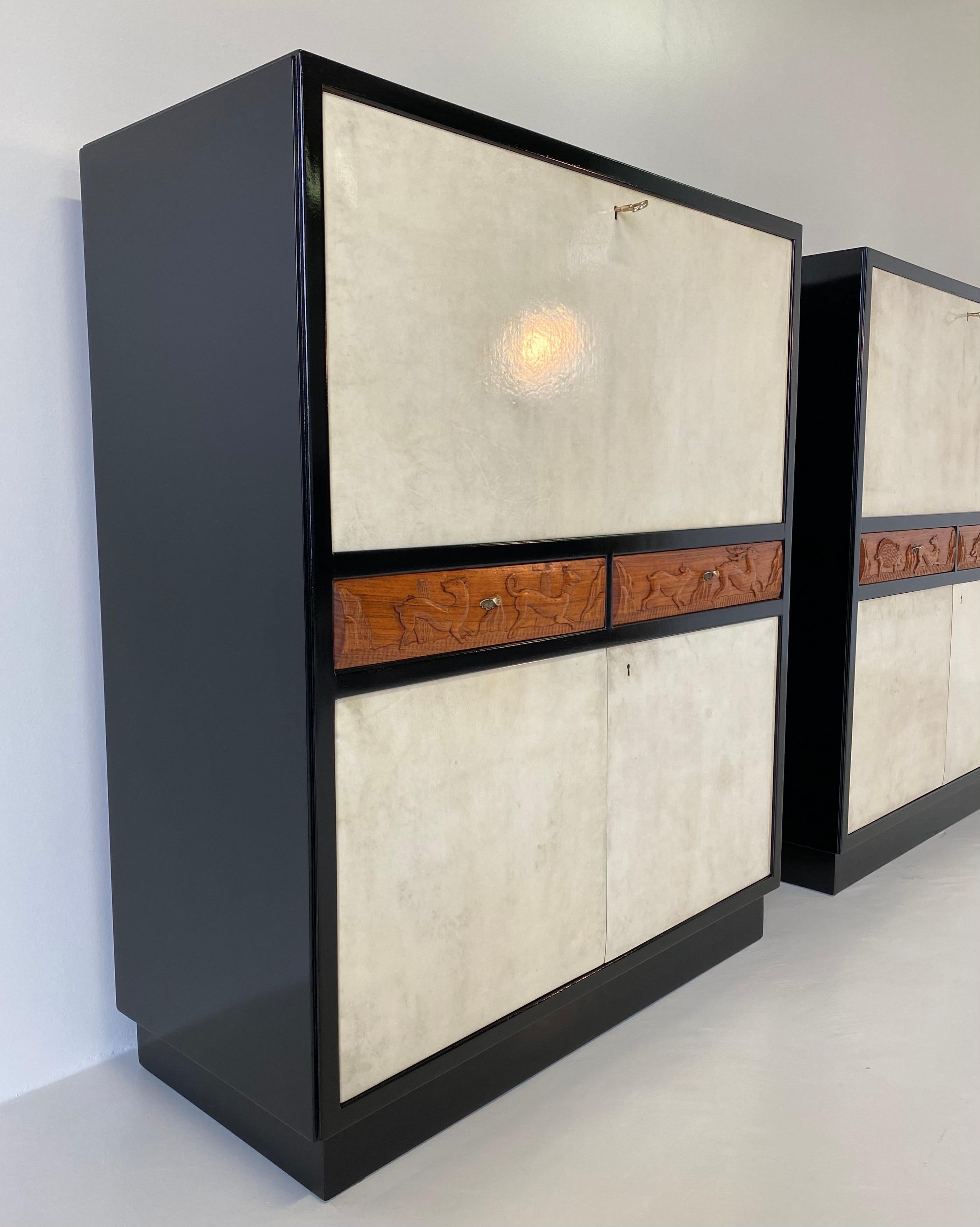 Brass Set of Three Italian Art Deco Black and Parchment Cabinet, 1940s