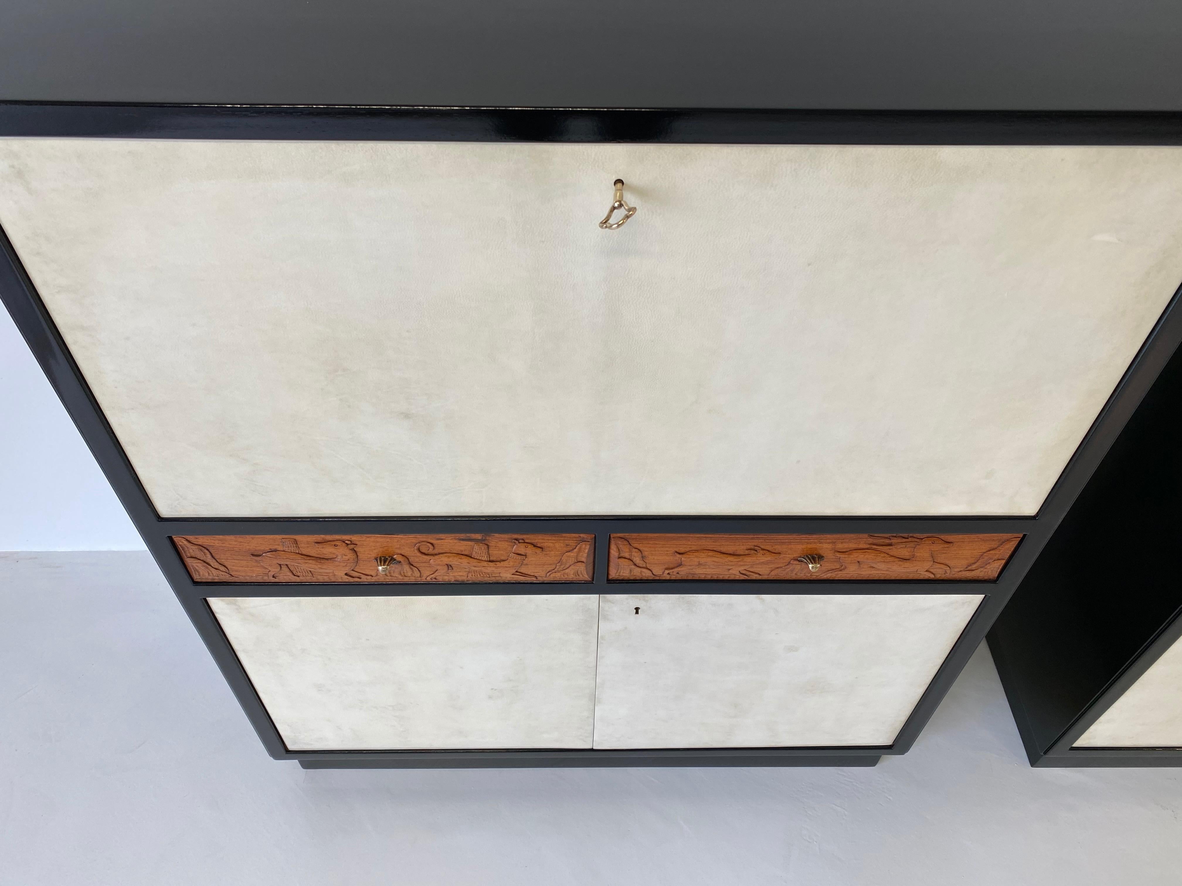Set of Three Italian Art Deco Black and Parchment Cabinet, 1940s 1