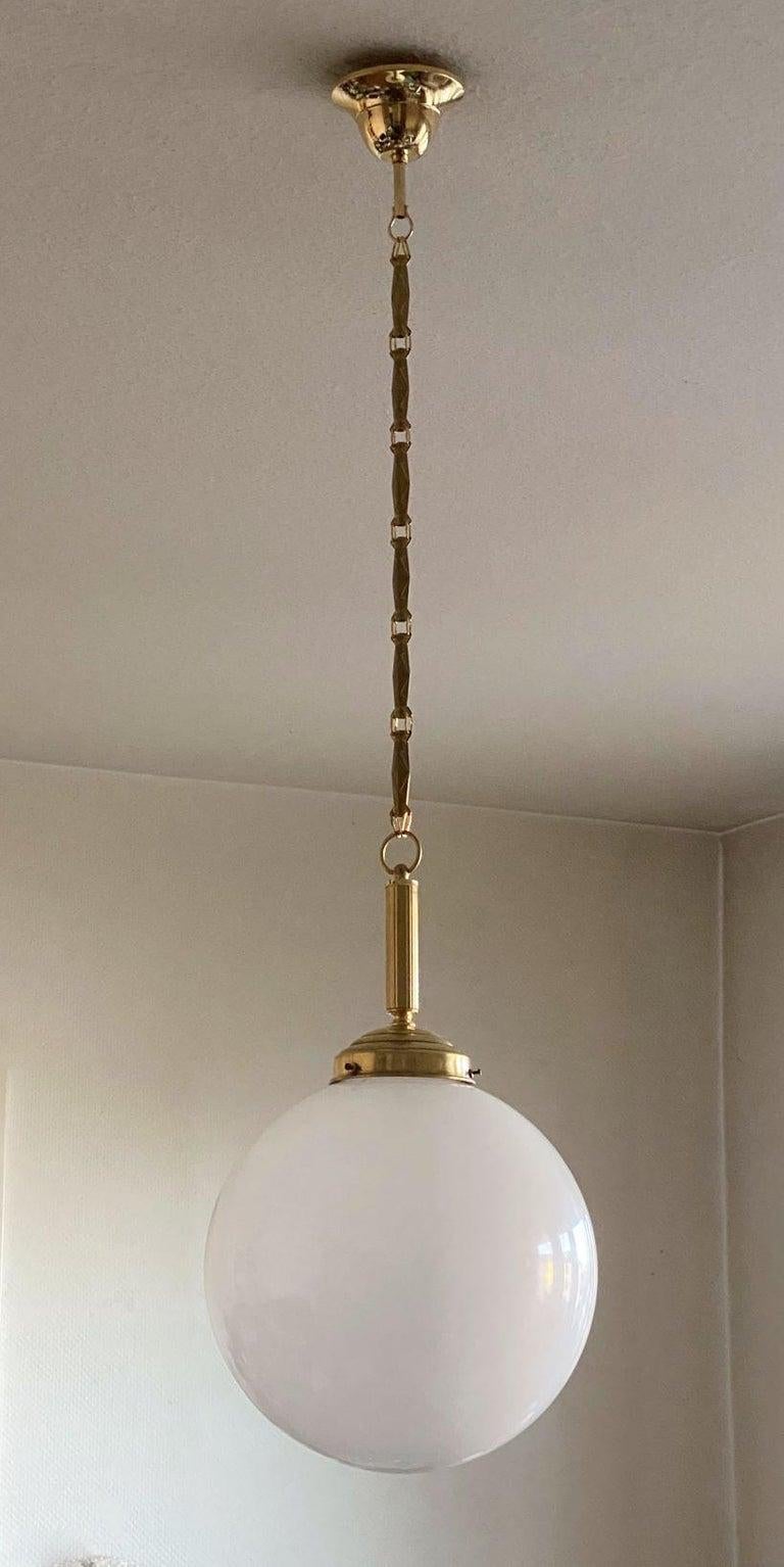 Set of Three Italian Art Deco Hand Blown Opaline Glass Brass Pendants, 1940s For Sale 1
