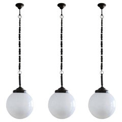 Set of Three Italian Art Deco Hand Blown Opaline Glass Theatre Pendants, 1930s