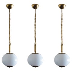 Set of Three Italian Art Deco Opaline Glass and Brass Pendants, 1950's