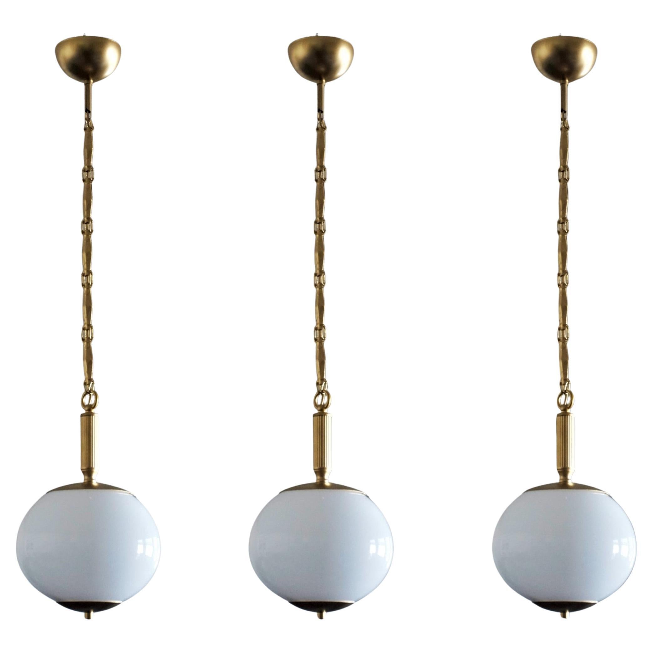 Set of Three Italian Art Deco Opaline Glass and Brass Pendants, 1950's