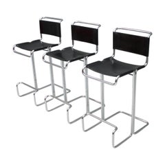 Set of Three Italian Bar Stools in Leather and Steel Tube, 1970s