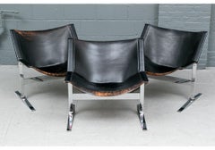 Three Black Leather Cantilever Chairs After  Clement Meadmore