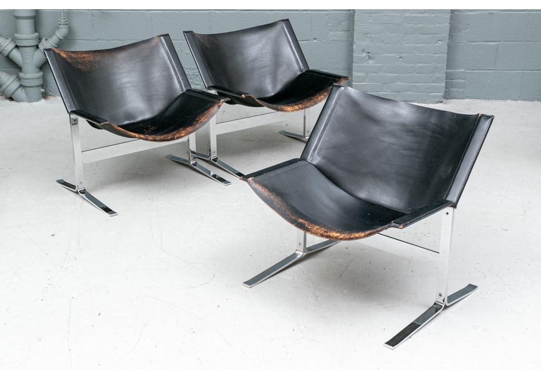 20th Century Set of Three Italian Black Leather Cantilever Chairs For Sale