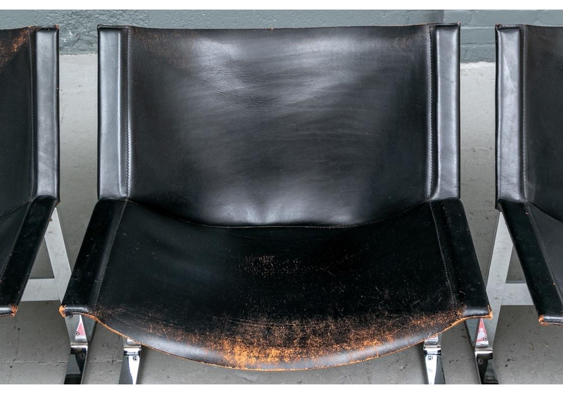 Steel Set of Three Italian Black Leather Cantilever Chairs For Sale