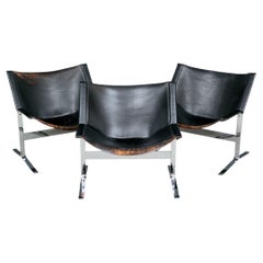 Set of Three Italian Black Leather Cantilever Chairs