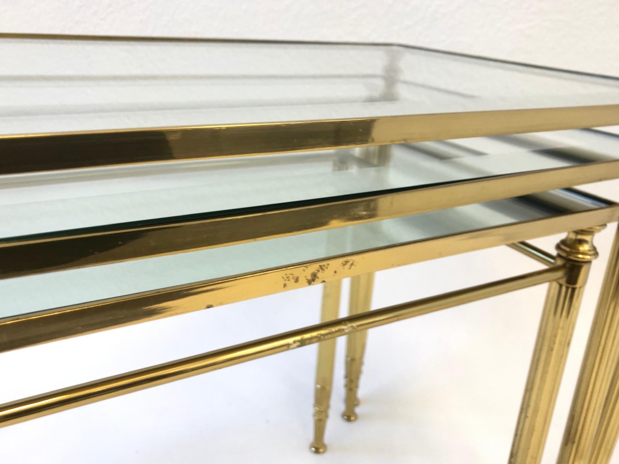Set of Three Italian Brass and Glass Nesting Tables by Maison Baguès 1
