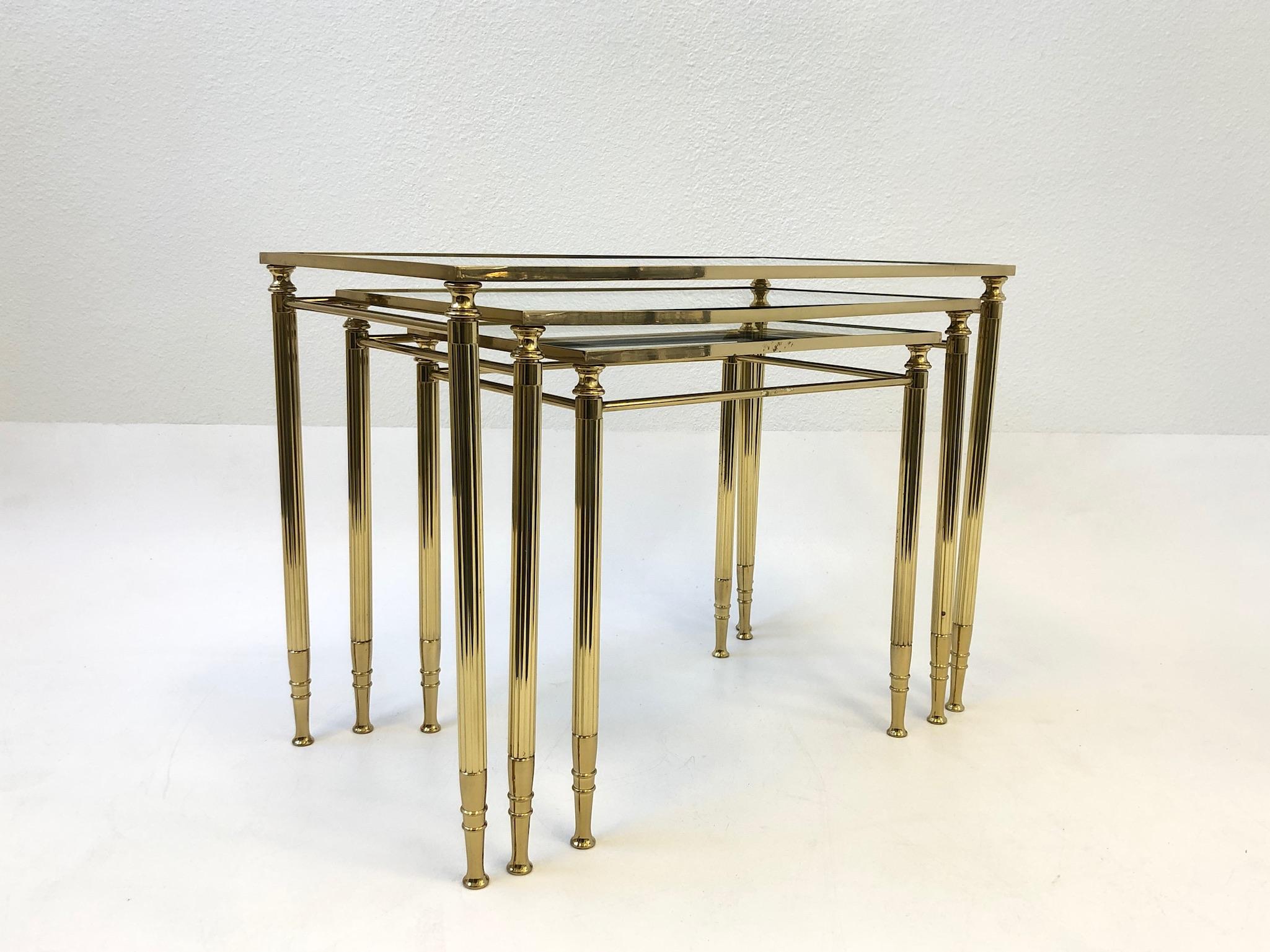 Set of Three Italian Brass and Glass Nesting Tables by Maison Baguès 2
