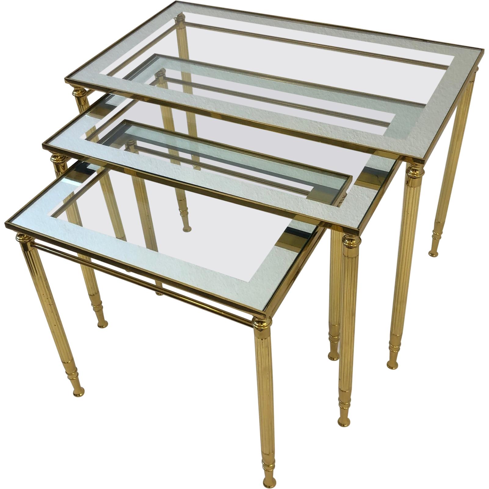 Set of Three Italian Brass and Glass Nesting Tables by Maison Baguès