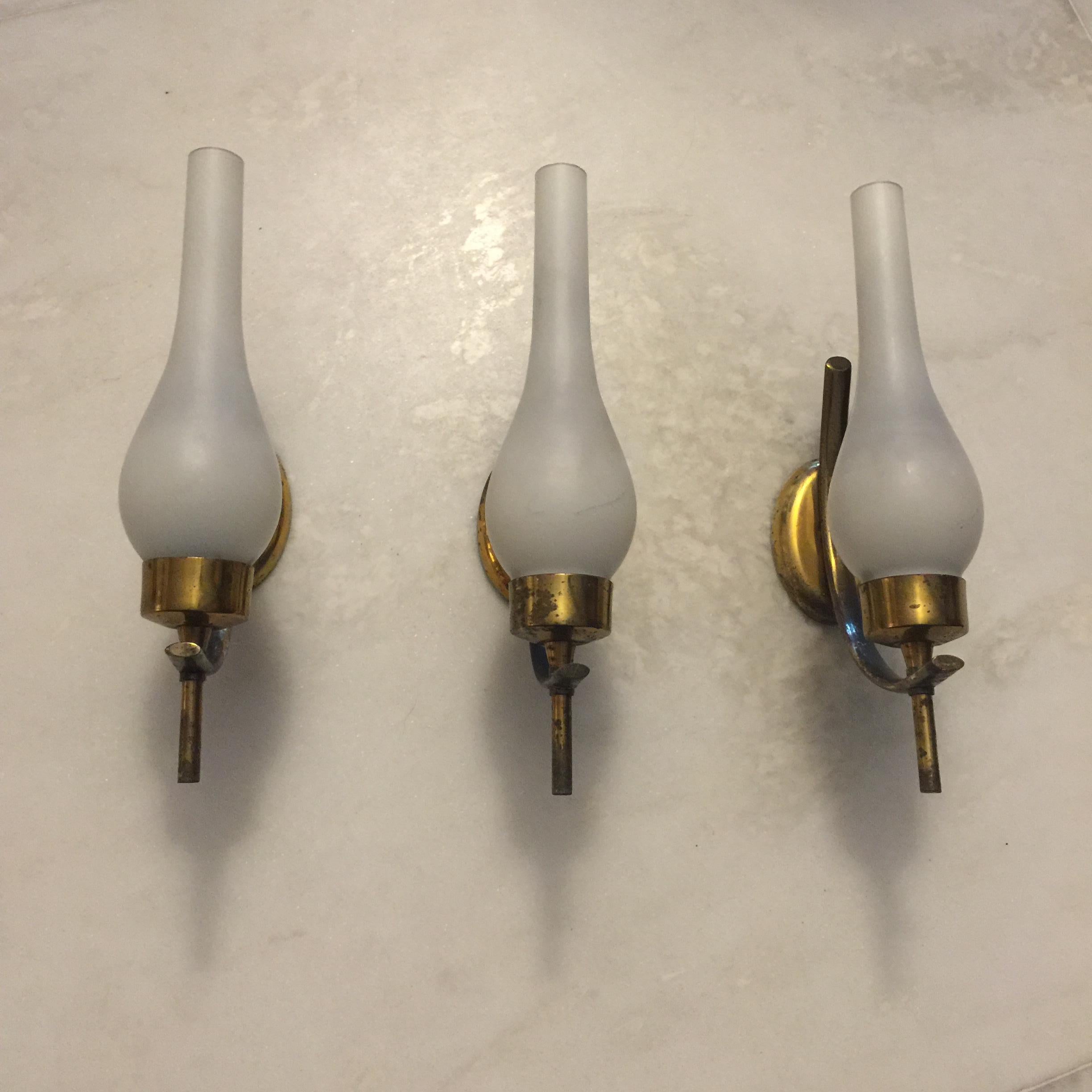 Mid-Century Modern Set of Three Italian Brass and Opaline Glass Sconces, Arredoluce Style, 1950s For Sale