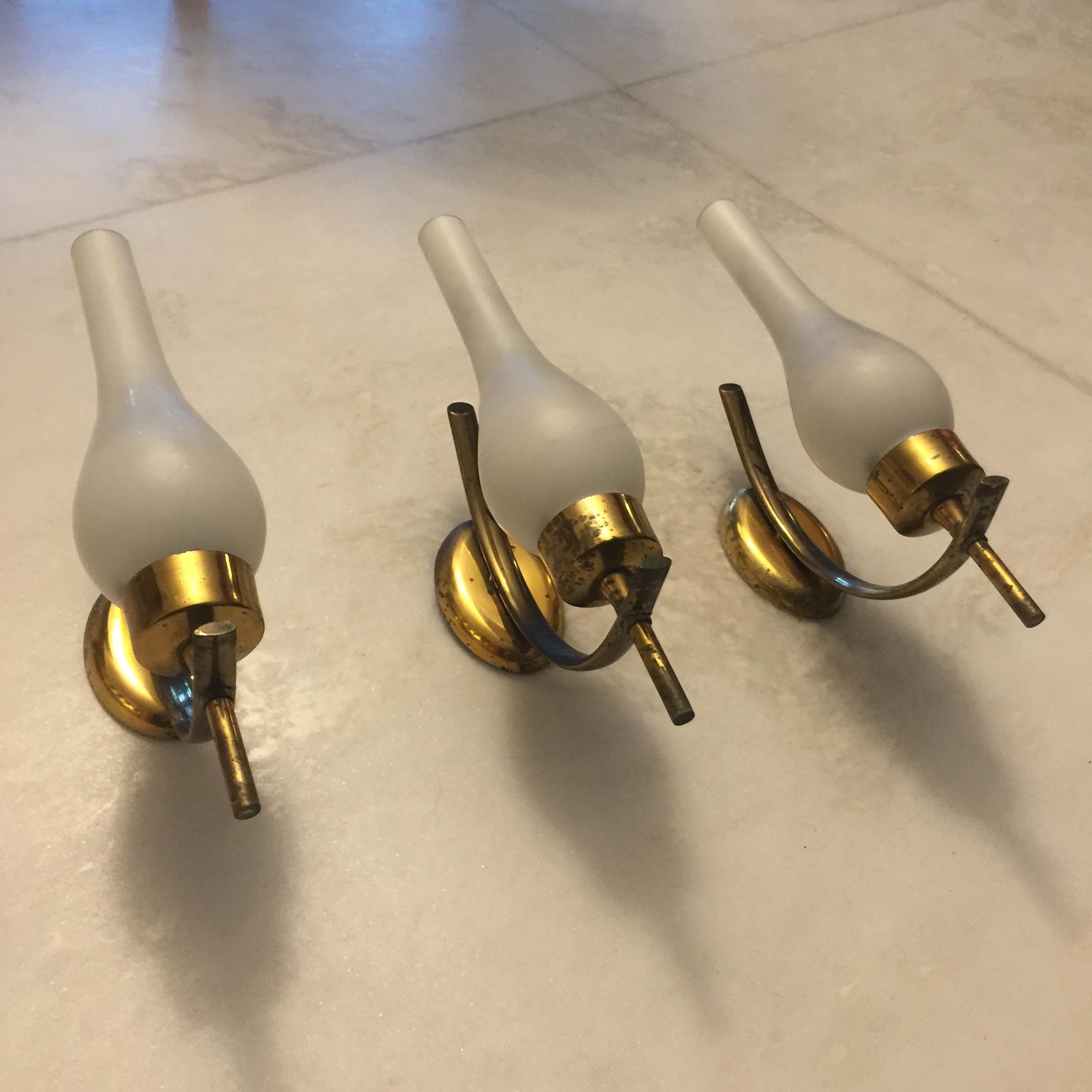 Set of Three Italian Brass and Opaline Glass Sconces, Arredoluce Style, 1950s For Sale 1