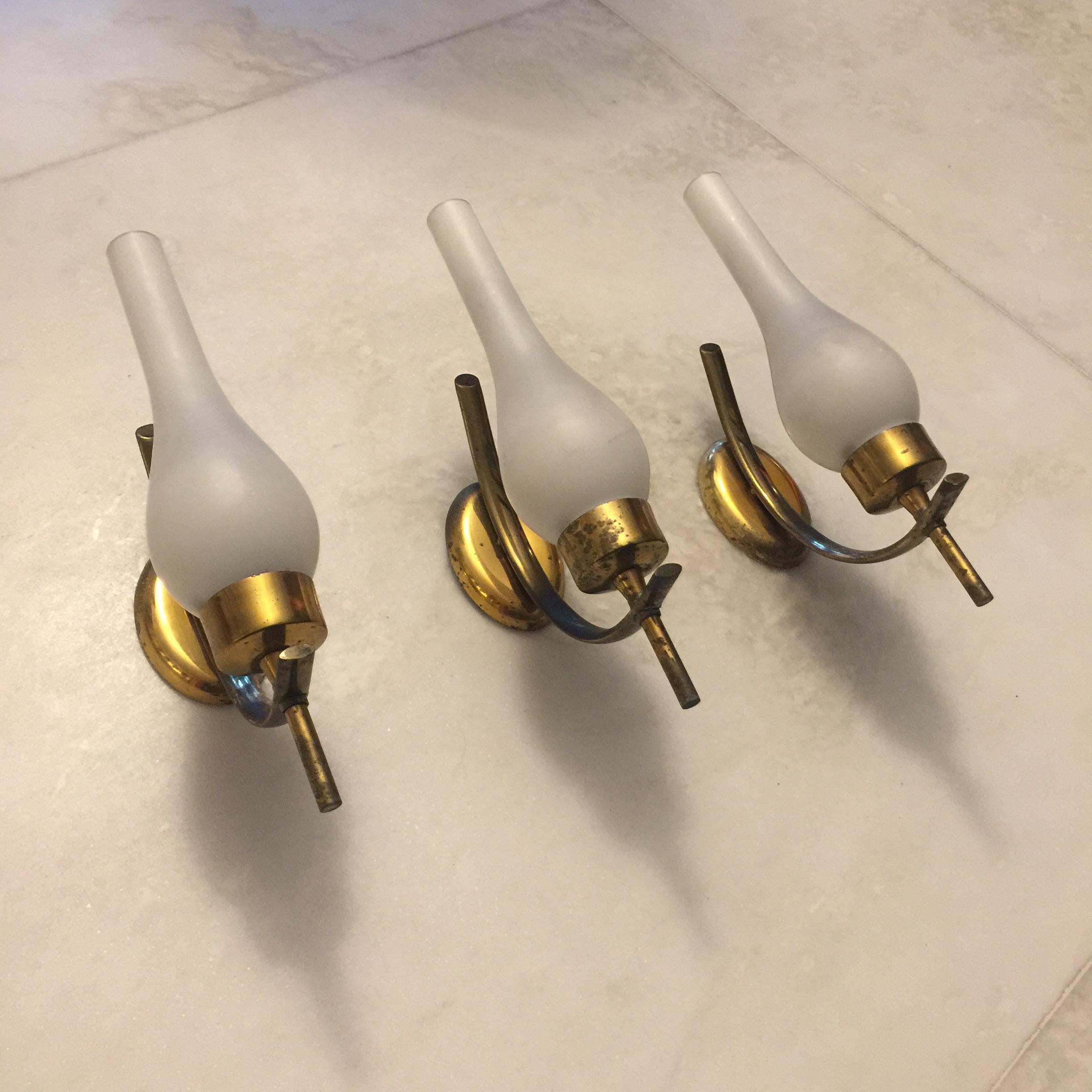 Set of Three Italian Brass and Opaline Glass Sconces, Arredoluce Style, 1950s For Sale 2