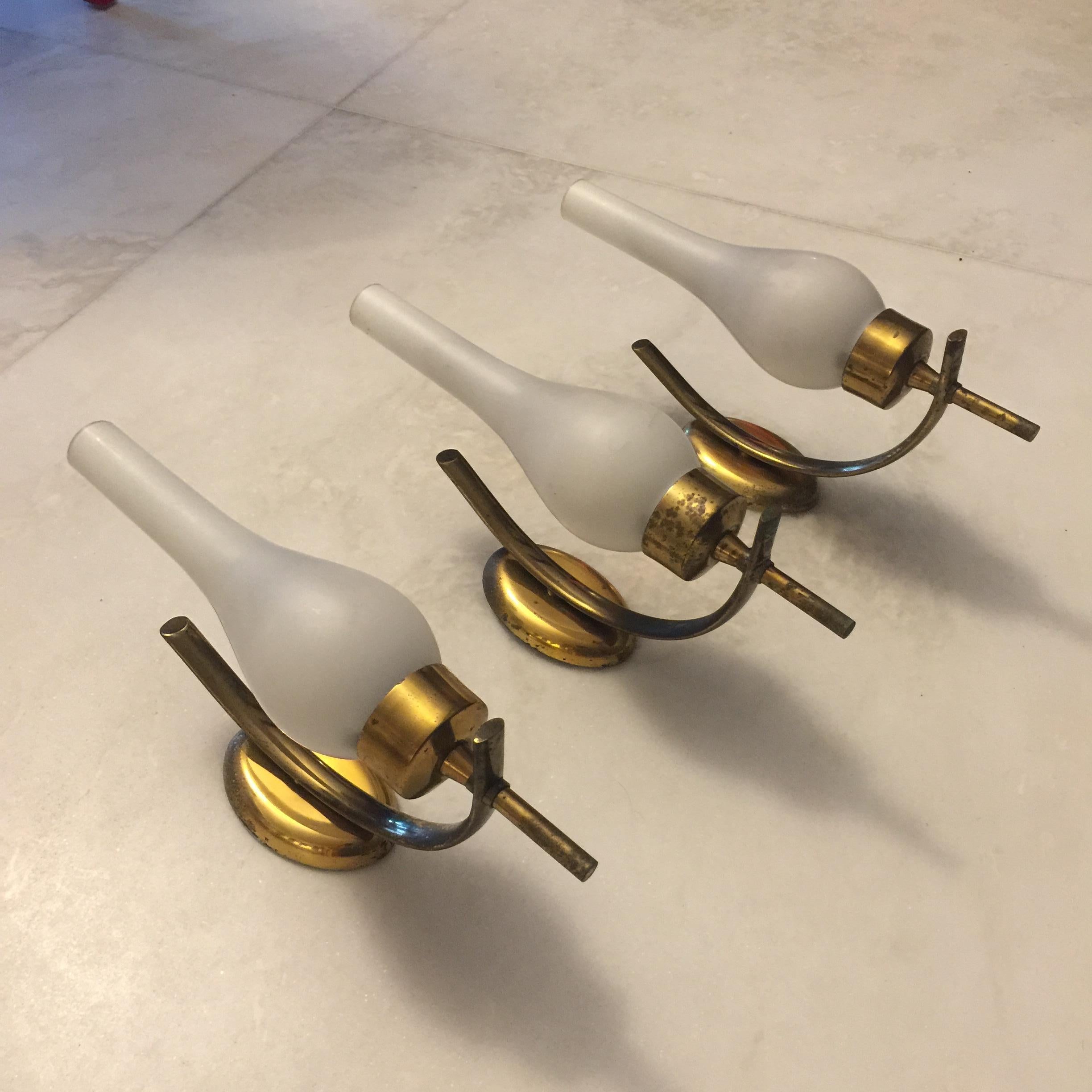 Set of Three Italian Brass and Opaline Glass Sconces, Arredoluce Style, 1950s For Sale 3