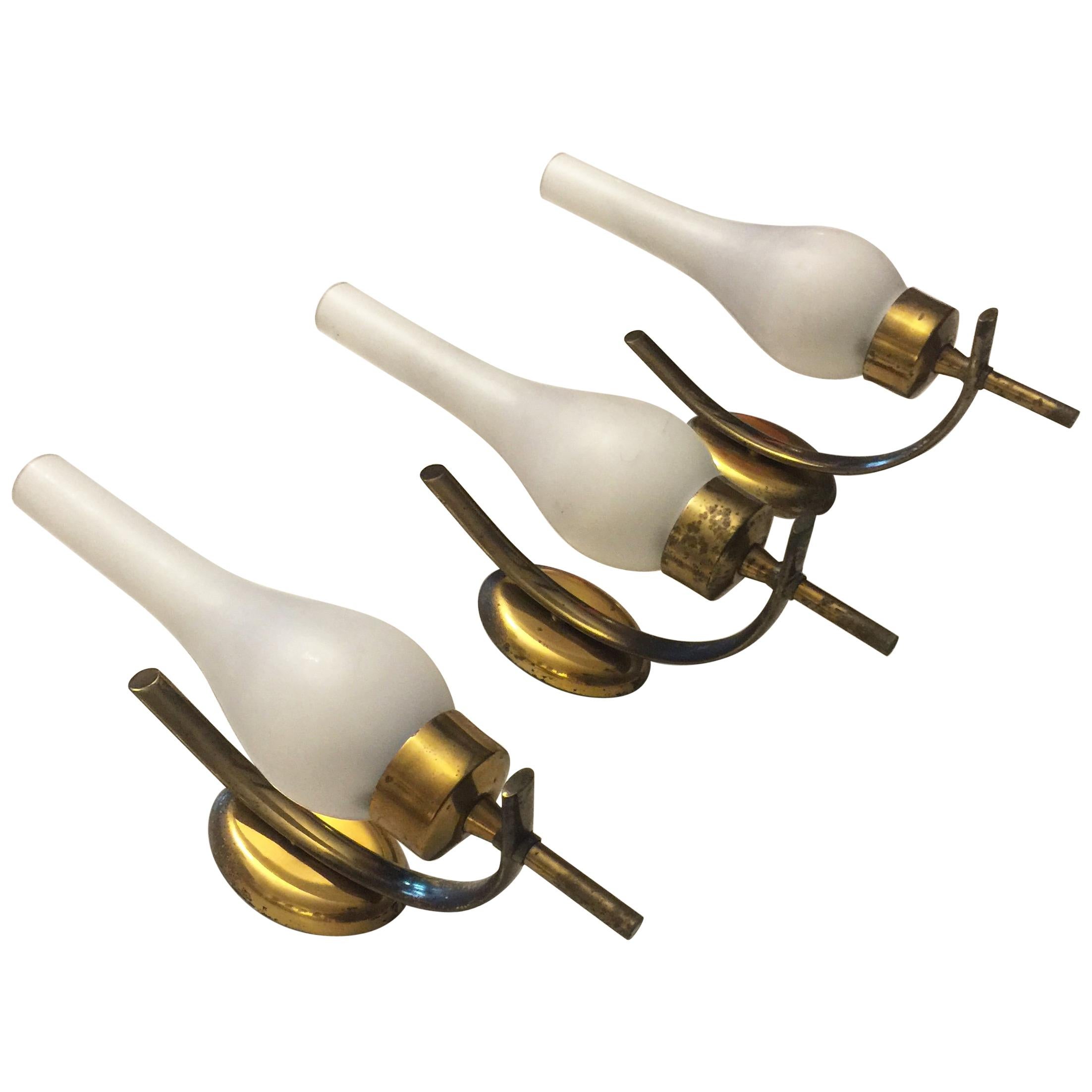 Set of Three Italian Brass and Opaline Glass Sconces, Arredoluce Style, 1950s For Sale