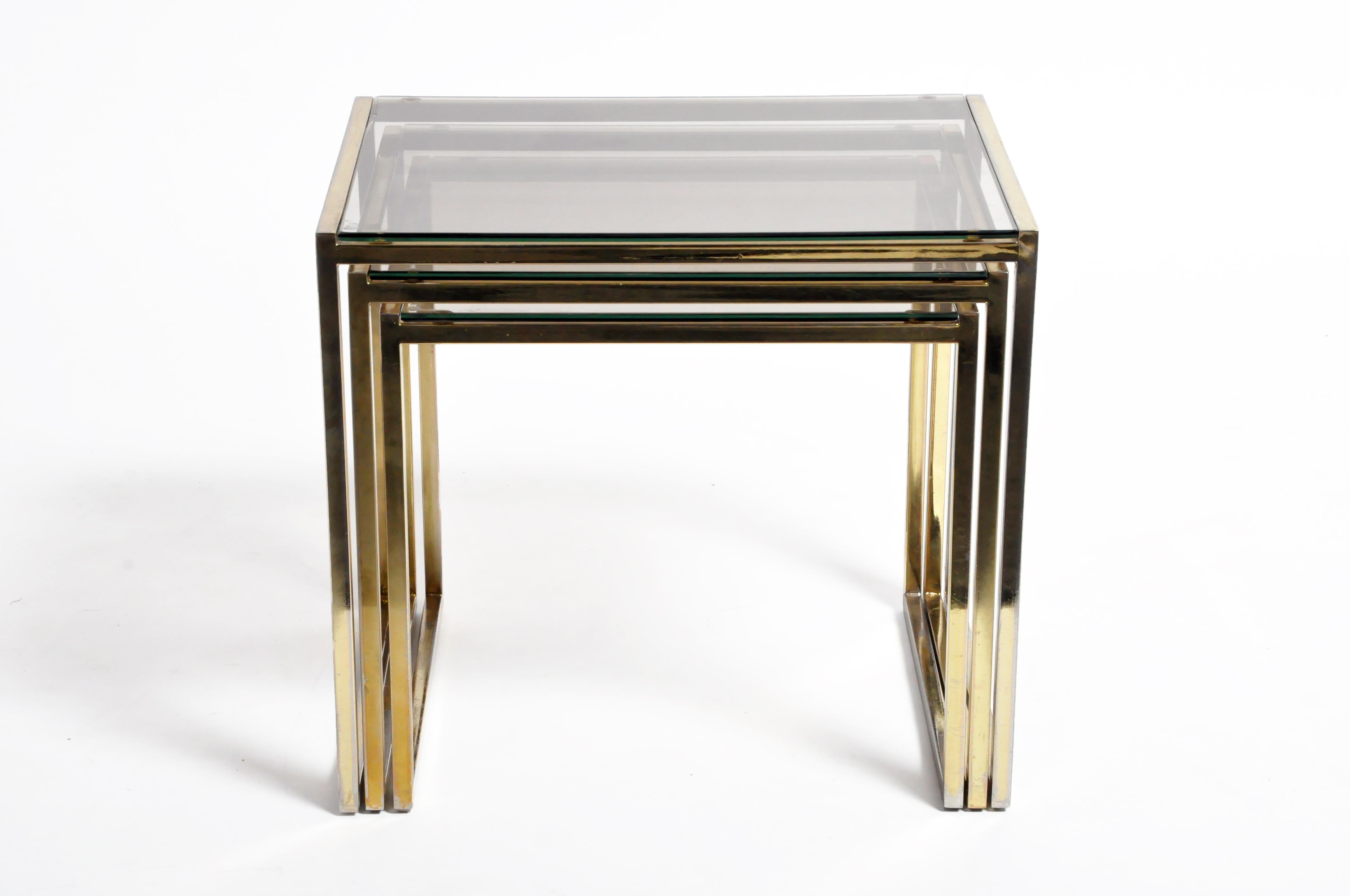 Late 20th Century Set of Three Italian Brass and Glass Nesting Tables