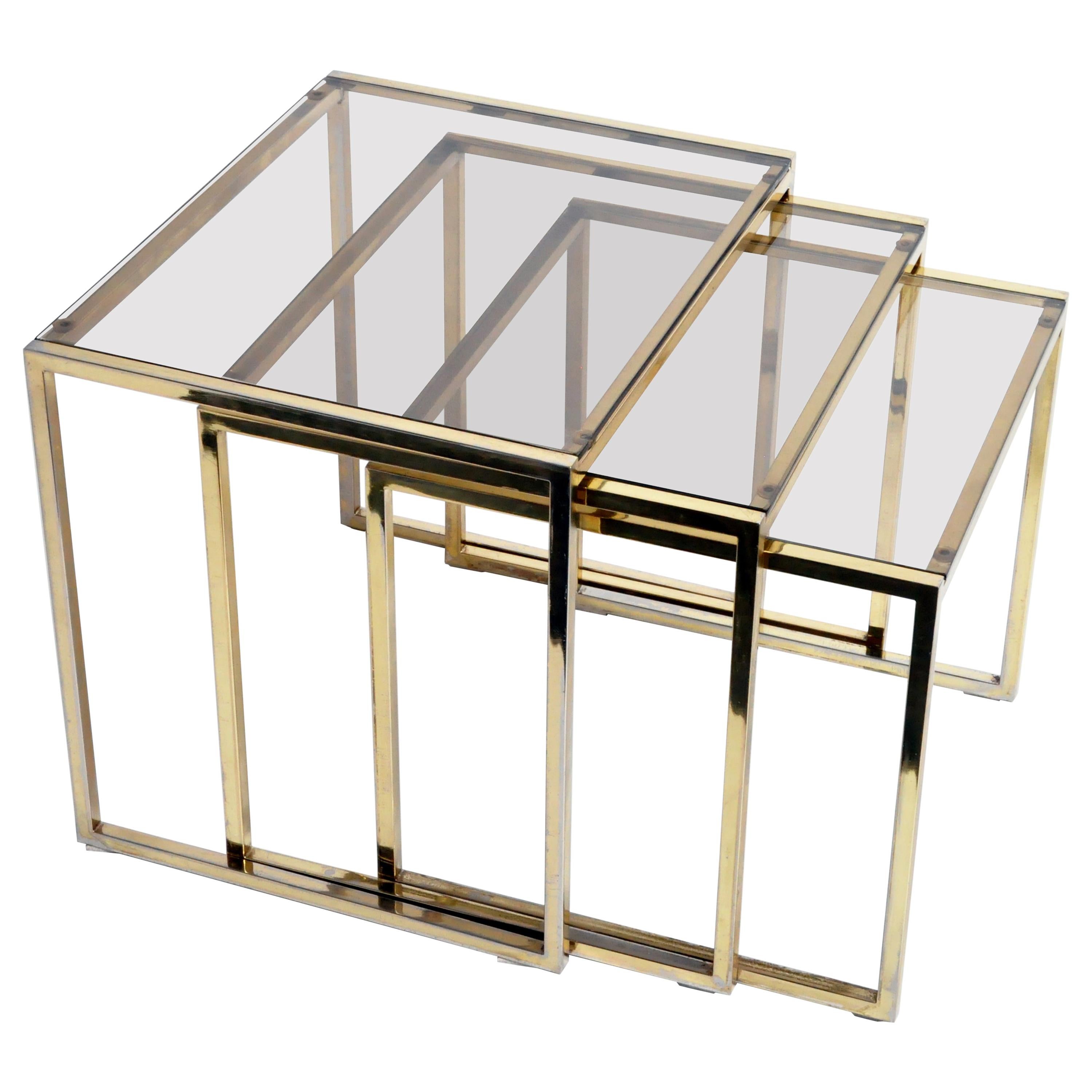 Set of Three Italian Brass and Glass Nesting Tables