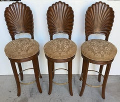 Set of Three Italian Carved Fruitwood Shell-Back Grotto Bar Stools, circa 1980