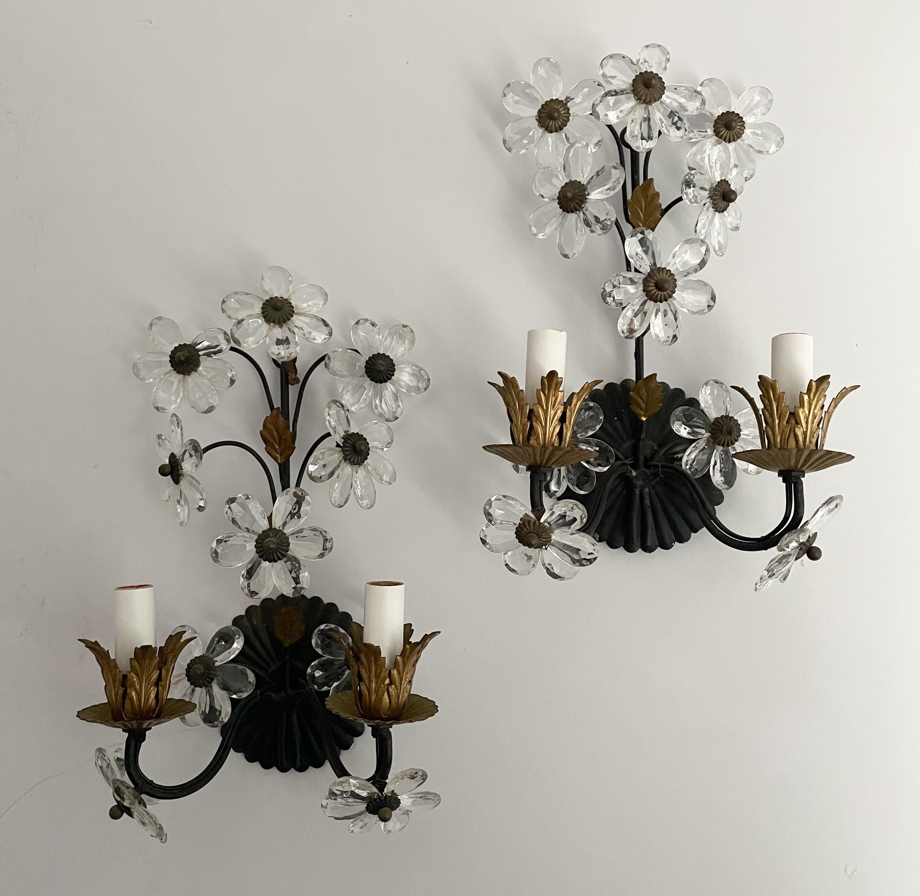 Louis XVI Set of Three Italian Crystal Beaded Flower Sconces For Sale