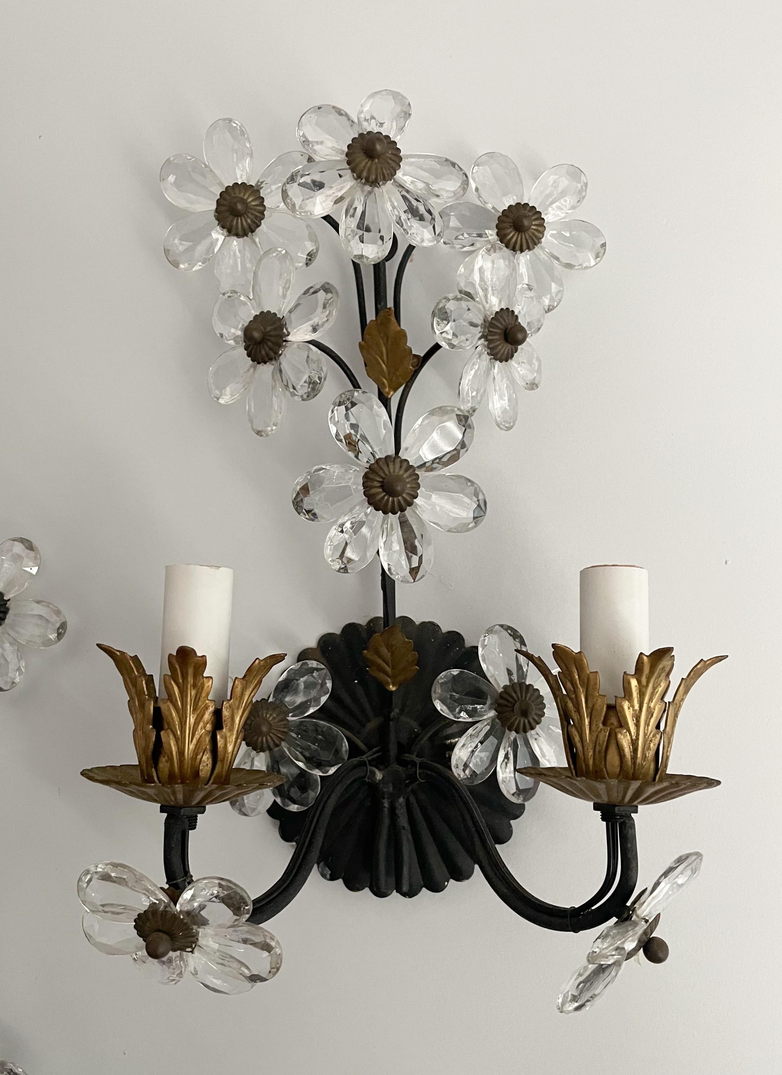 Set of Three Italian Crystal Beaded Flower Sconces In Good Condition For Sale In Los Angeles, CA