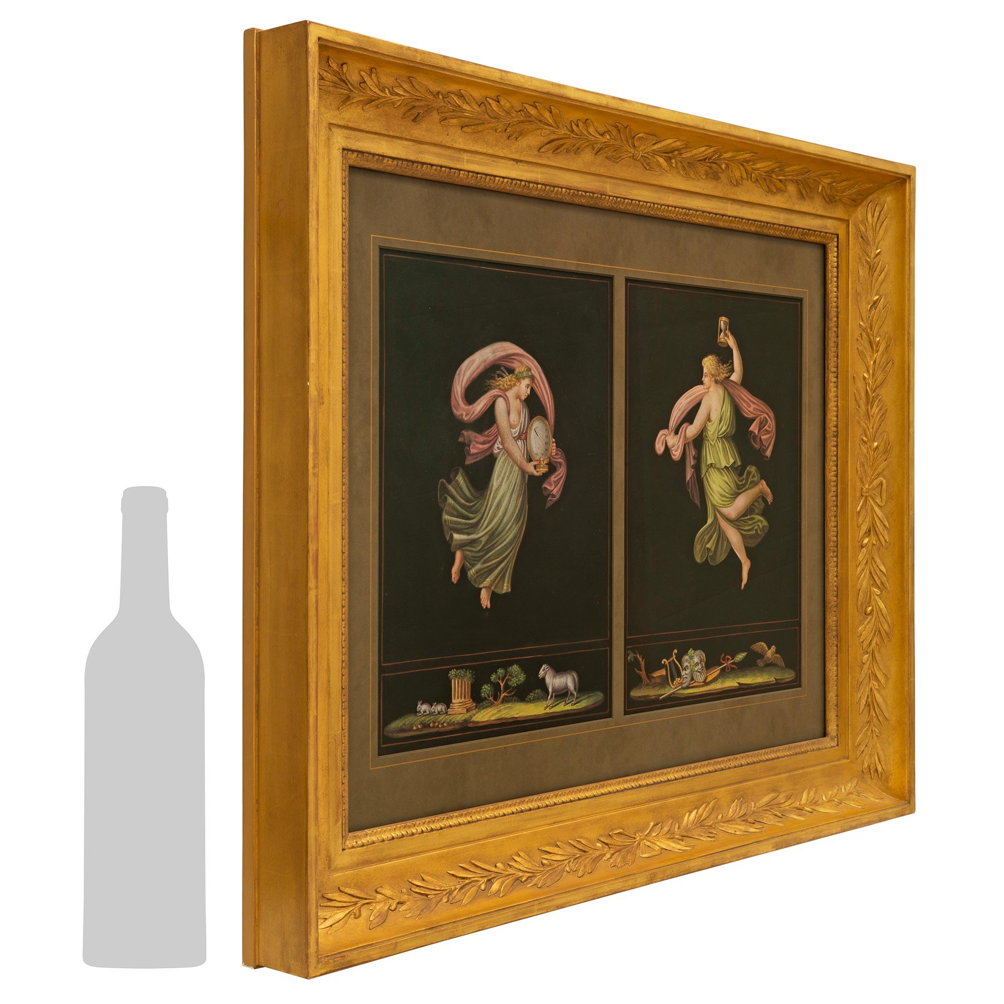 Una serie sensazionale e di alta qualità di tre gouaches italiane dell'inizio del XIX secolo alla maniera di Michelangelo Maestri. Le gouache centrali raffigurano bellissime fanciulle drappeggiate in meravigliosi tessuti fluenti con una che tiene in