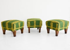 Set of Three Italian Footstools, Upholstered in Green & Gold Fabric, 19th C.