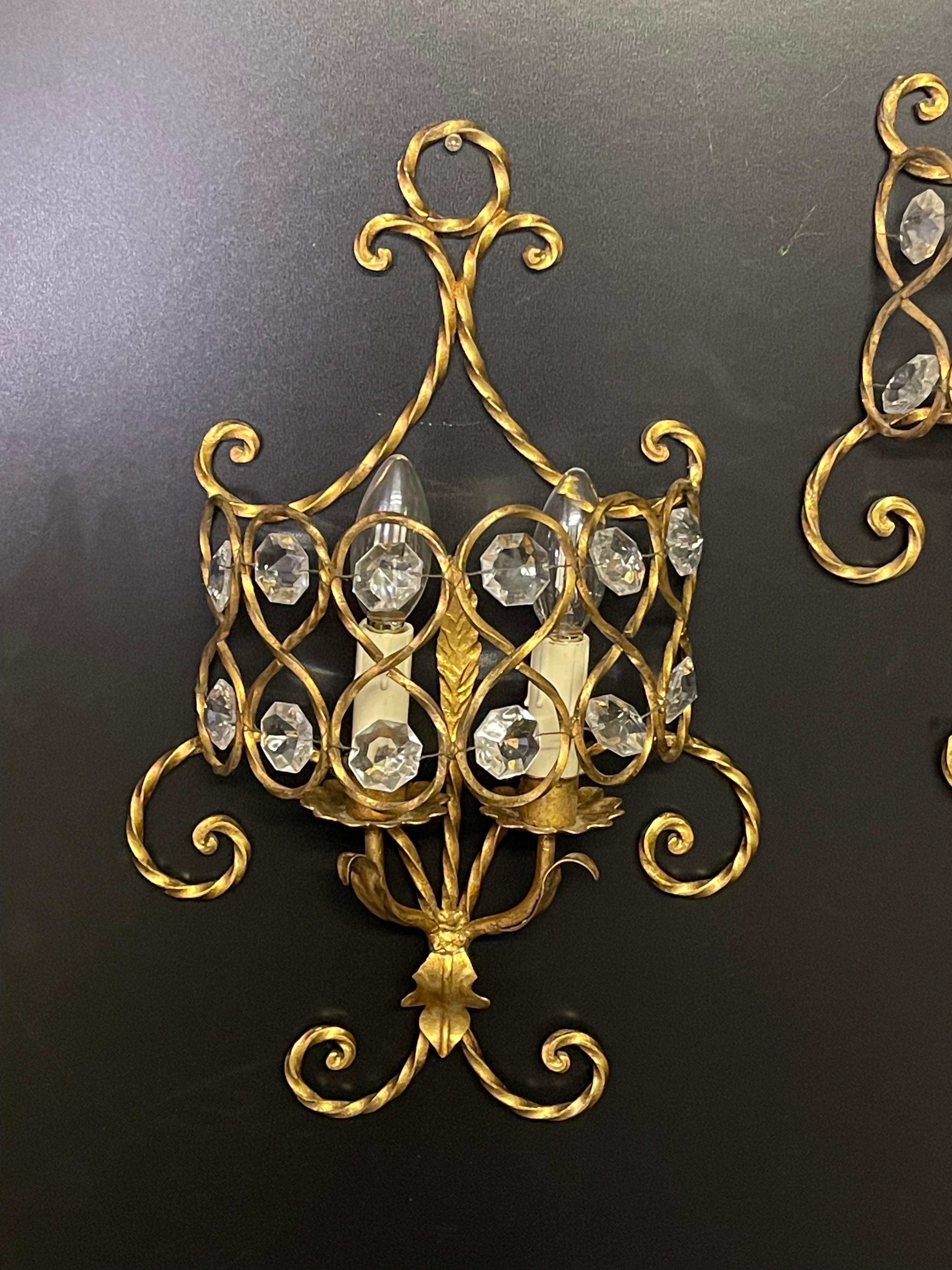 Set of Three Italian Gilt Iron and Crystal Light Fixtures, circa 1970s For Sale 5