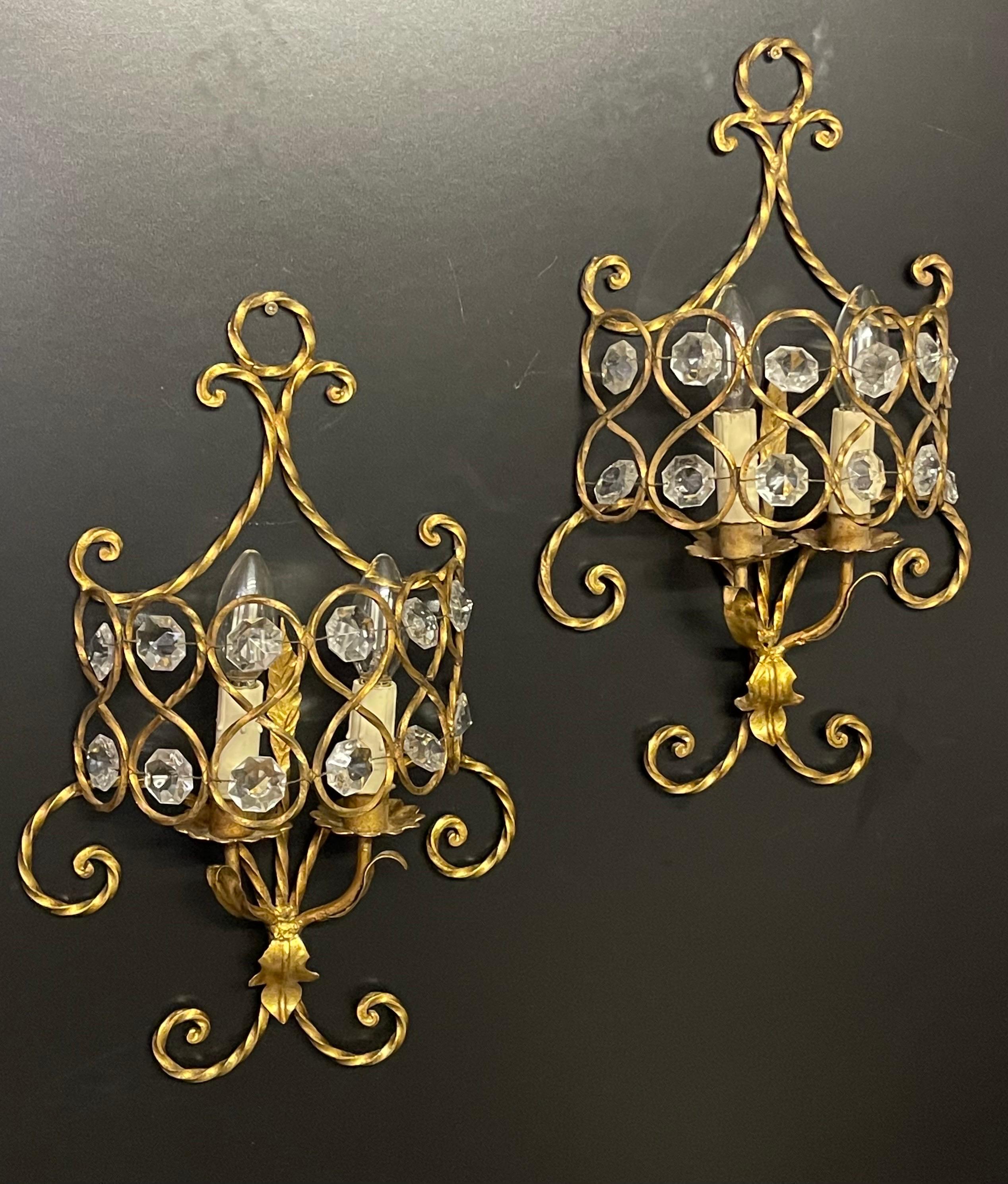 Set of Three Italian Gilt Iron and Crystal Light Fixtures, circa 1970s For Sale 6