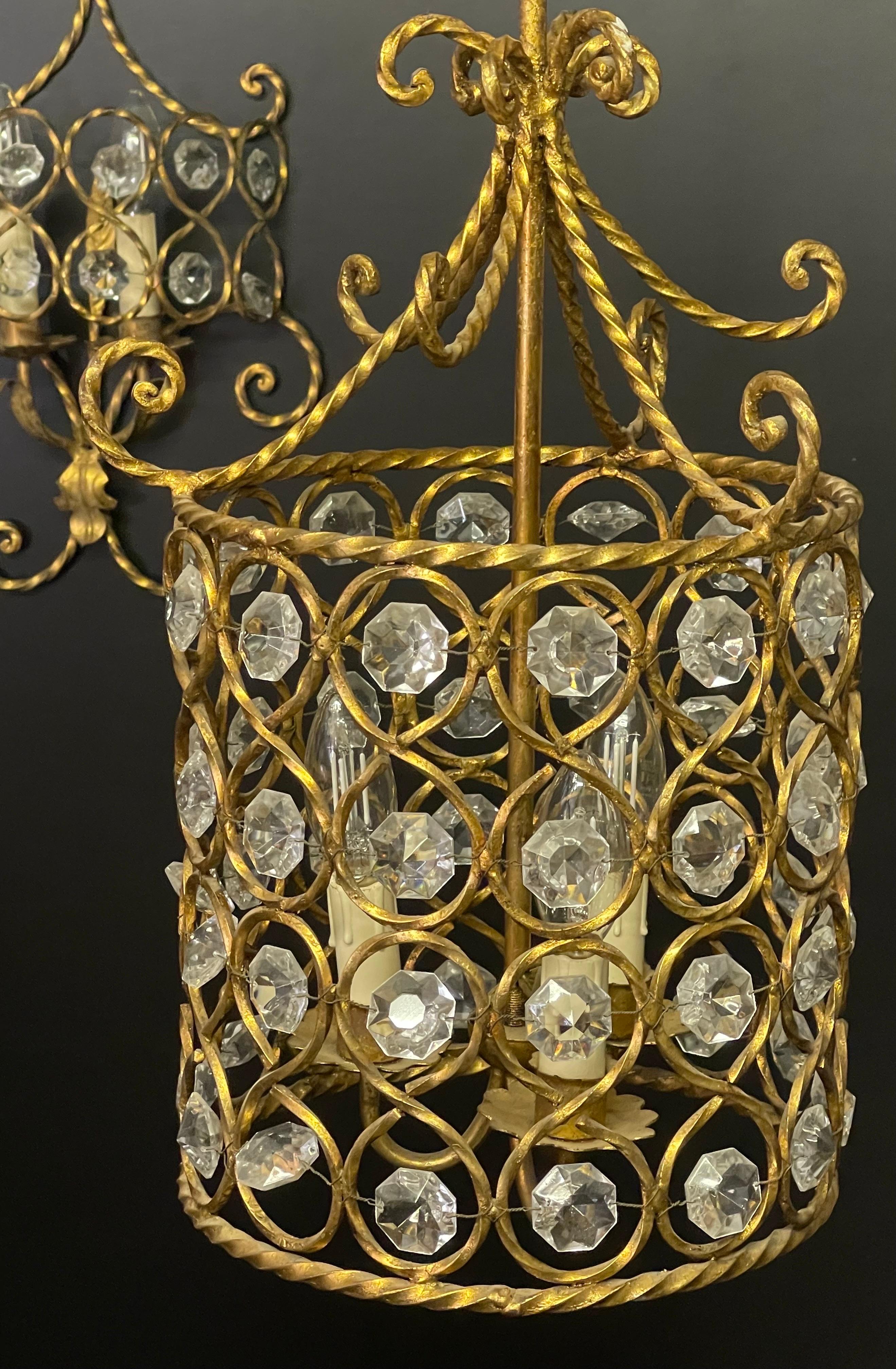 Mid-Century Modern Set of Three Italian Gilt Iron and Crystal Light Fixtures, circa 1970s For Sale