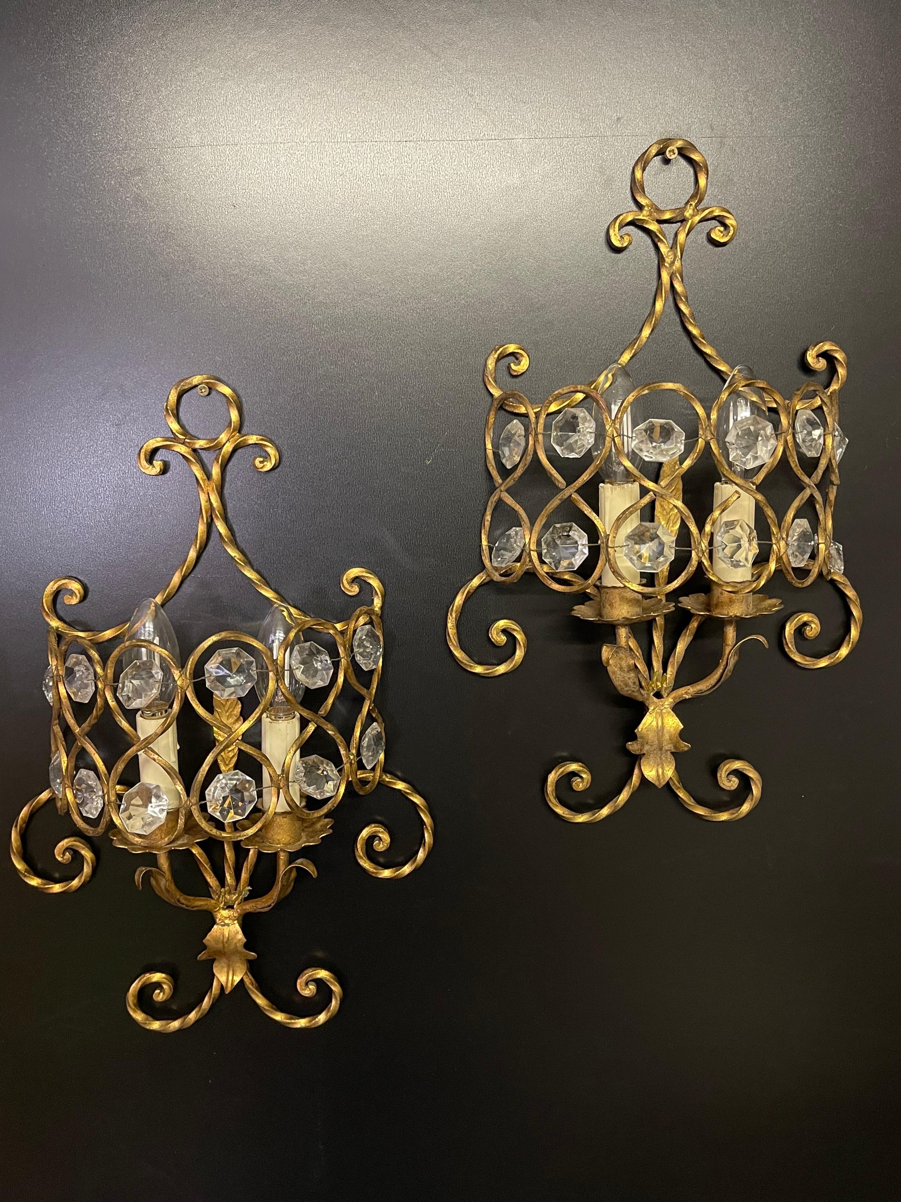 Set of Three Italian Gilt Iron and Crystal Light Fixtures, circa 1970s For Sale 1